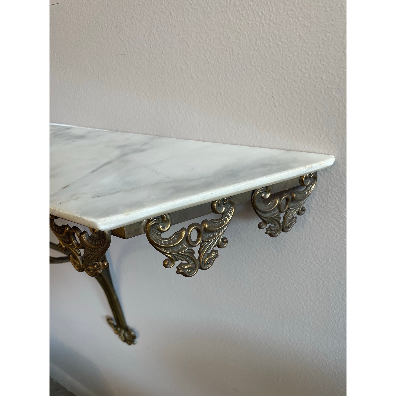 1970s Vintage Italian Brass Filigree Mirror With Matching Marble Floating Table - Set of 2