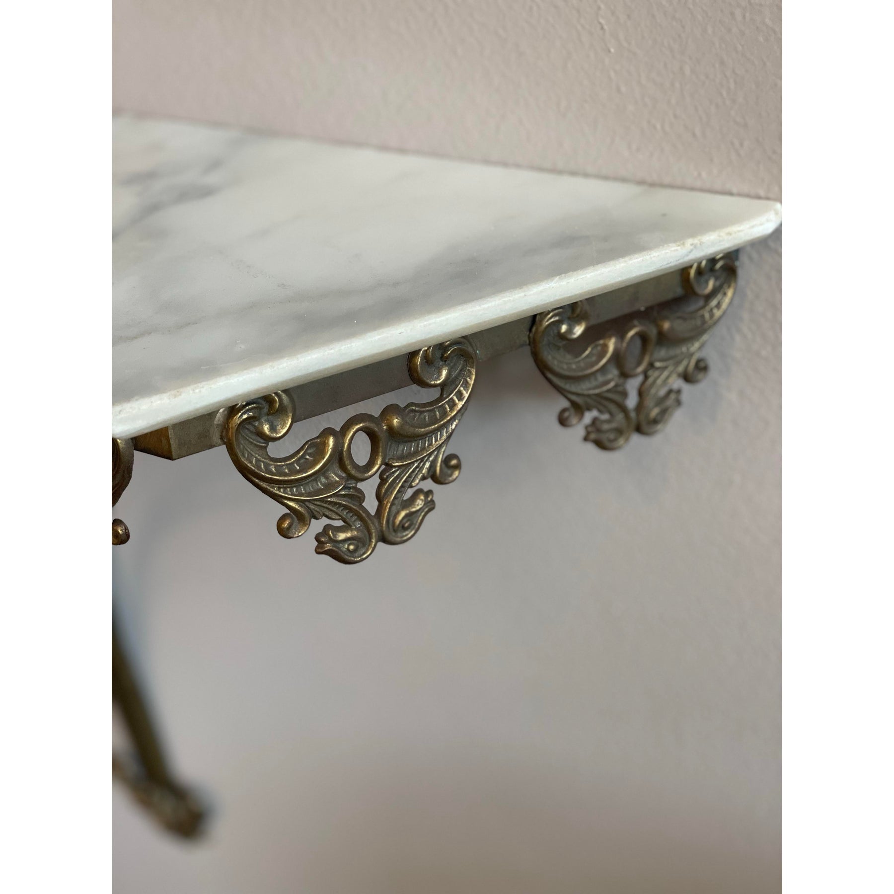 1970s Vintage Italian Brass Filigree Mirror With Matching Marble Floating Table - Set of 2