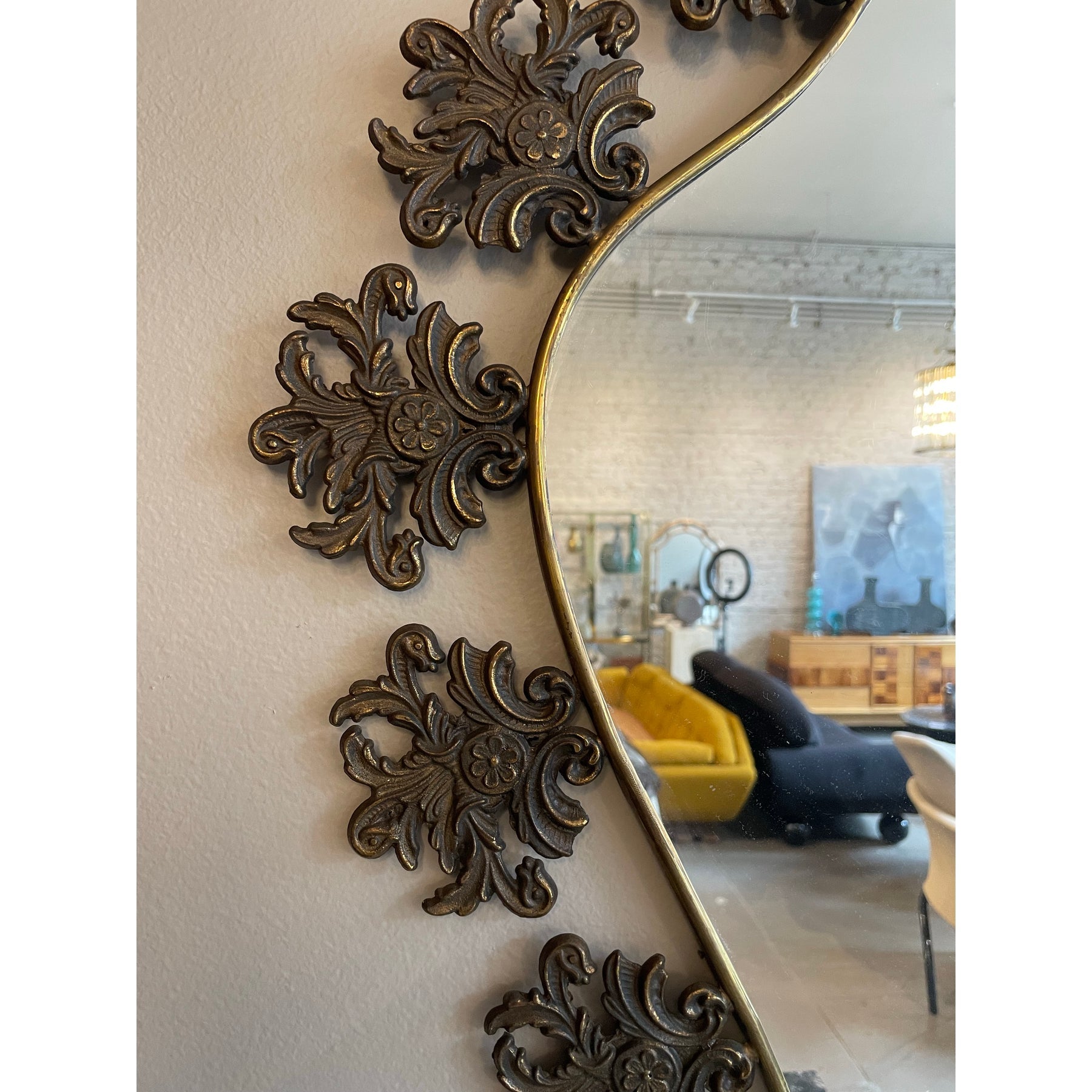 1970s Vintage Italian Brass Filigree Mirror With Matching Marble Floating Table - Set of 2