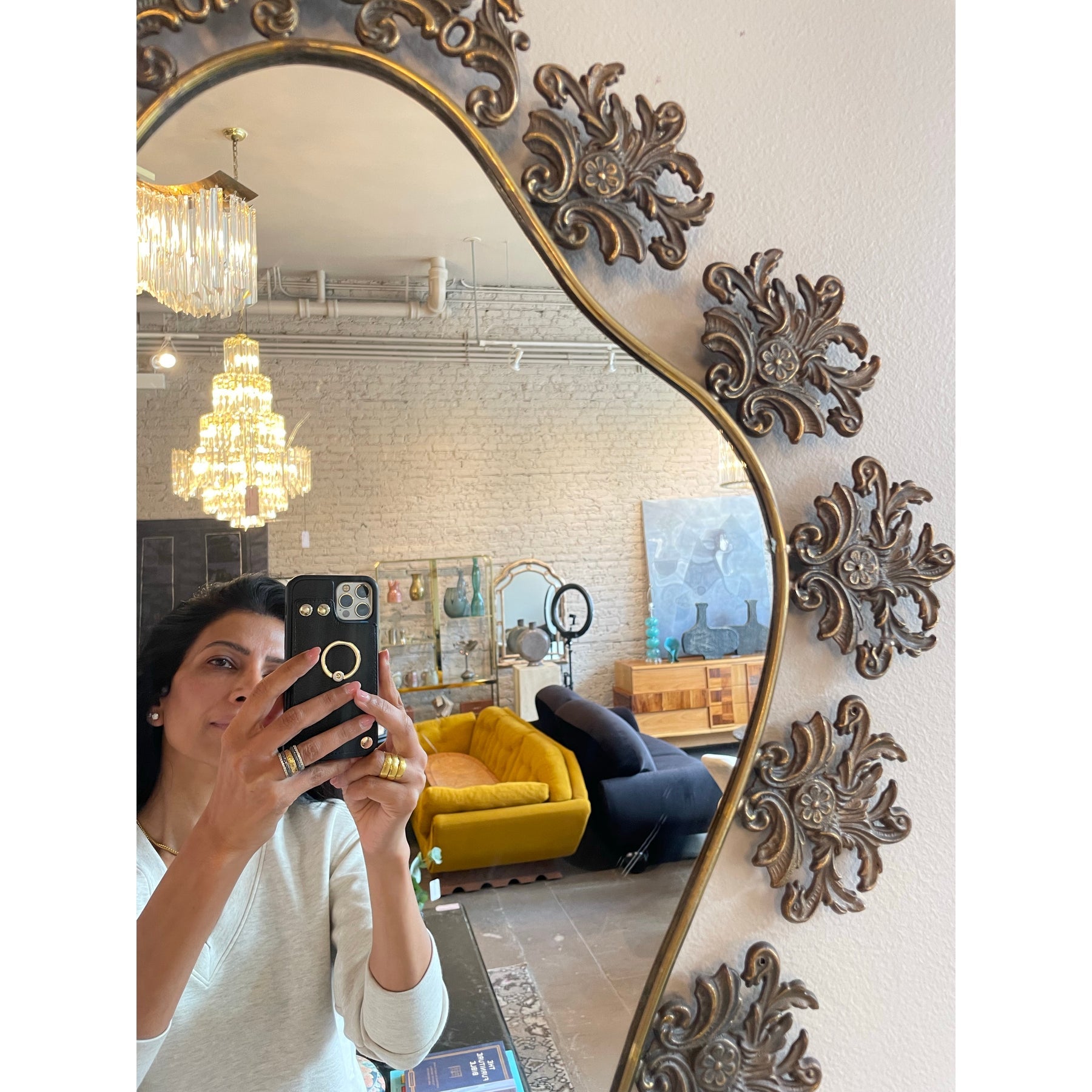 1970s Vintage Italian Brass Filigree Mirror With Matching Marble Floating Table - Set of 2