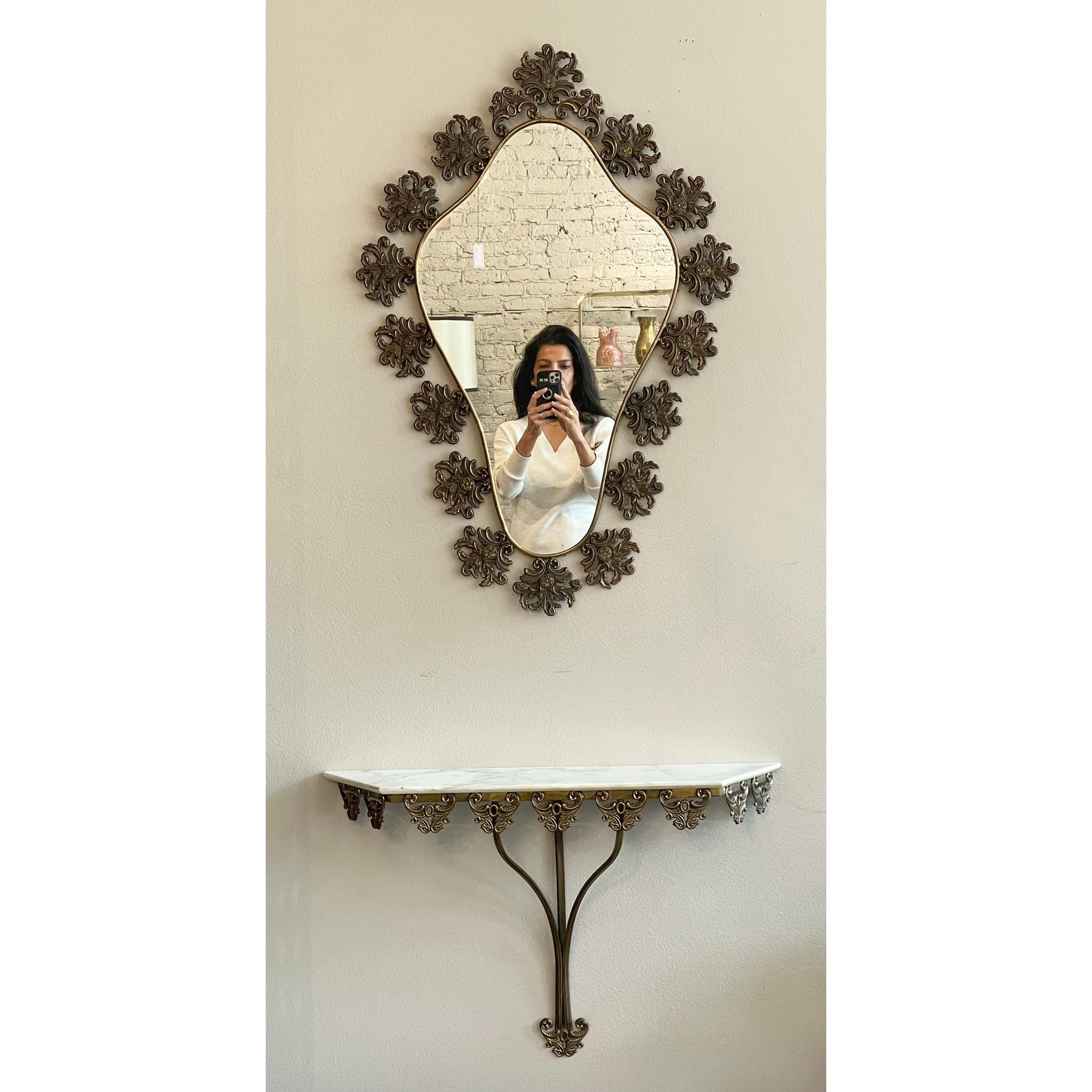 1970s Vintage Italian Brass Filigree Mirror With Matching Marble Floating Table - Set of 2
