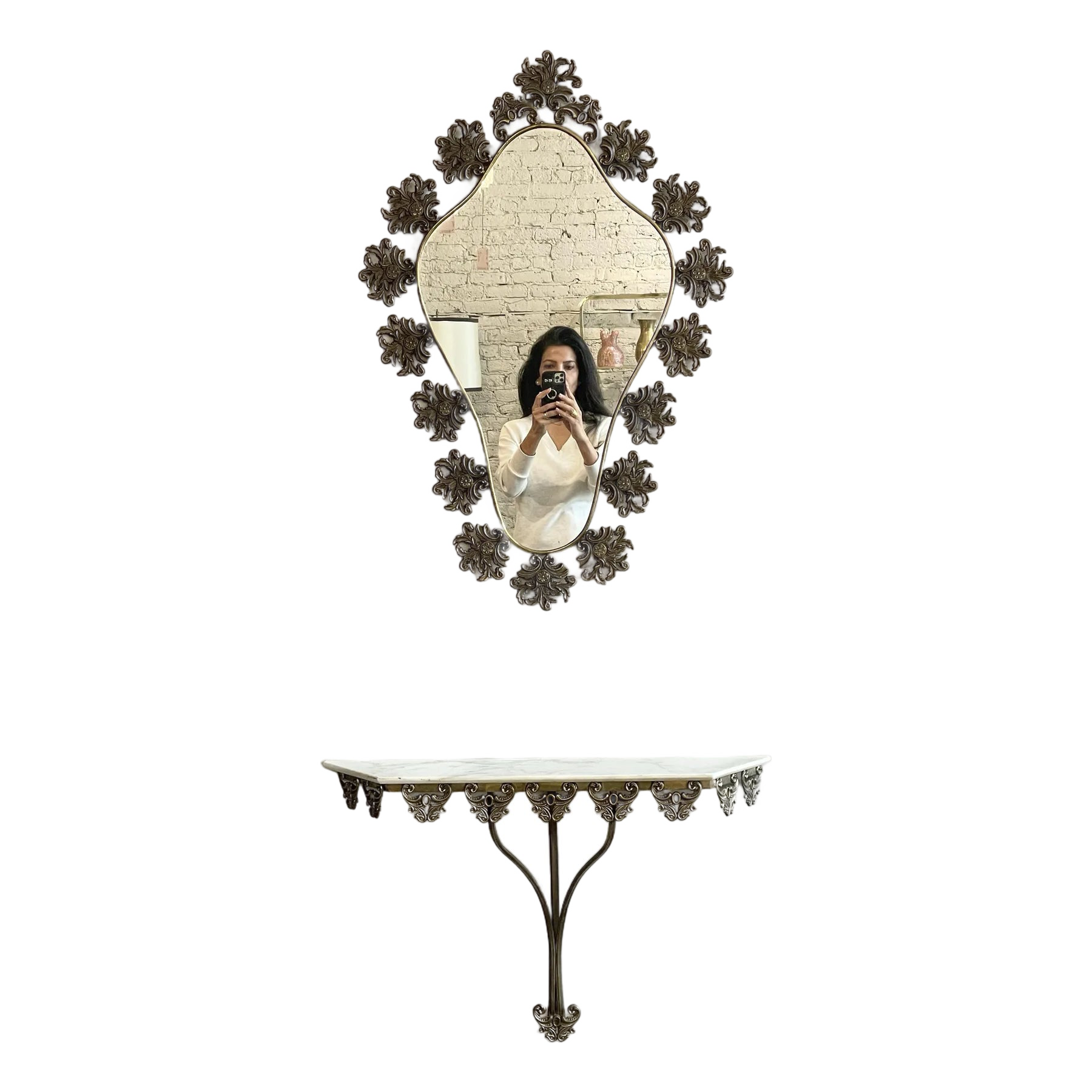 1970s Vintage Italian Brass Filigree Mirror With Matching Marble Floating Table - Set of 2