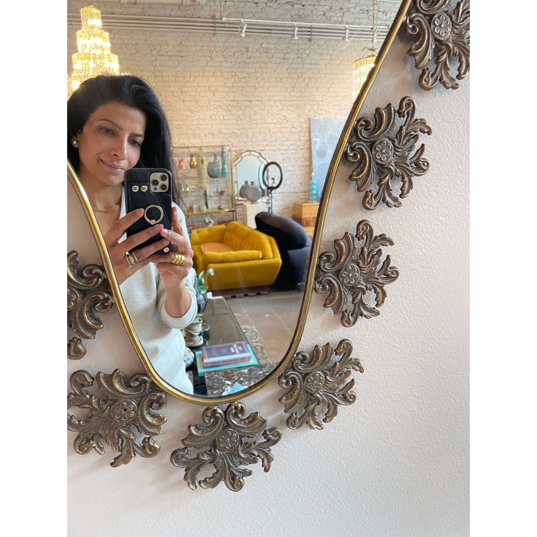 1970s Vintage Italian Brass Filigree Mirror With Matching Marble Floating Table - Set of 2