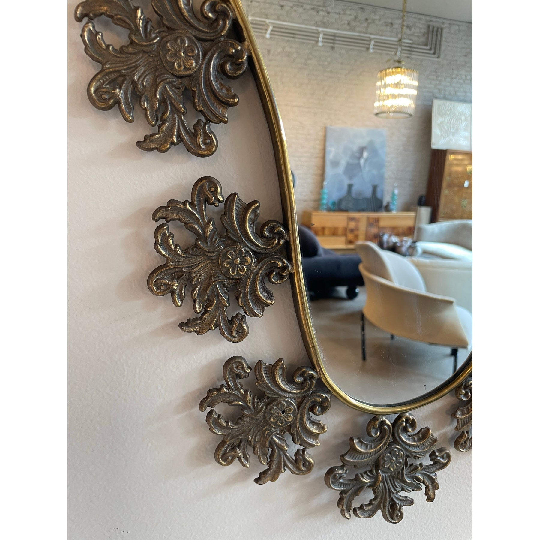 1970s Vintage Italian Brass Filigree Mirror With Matching Marble Floating Table - Set of 2