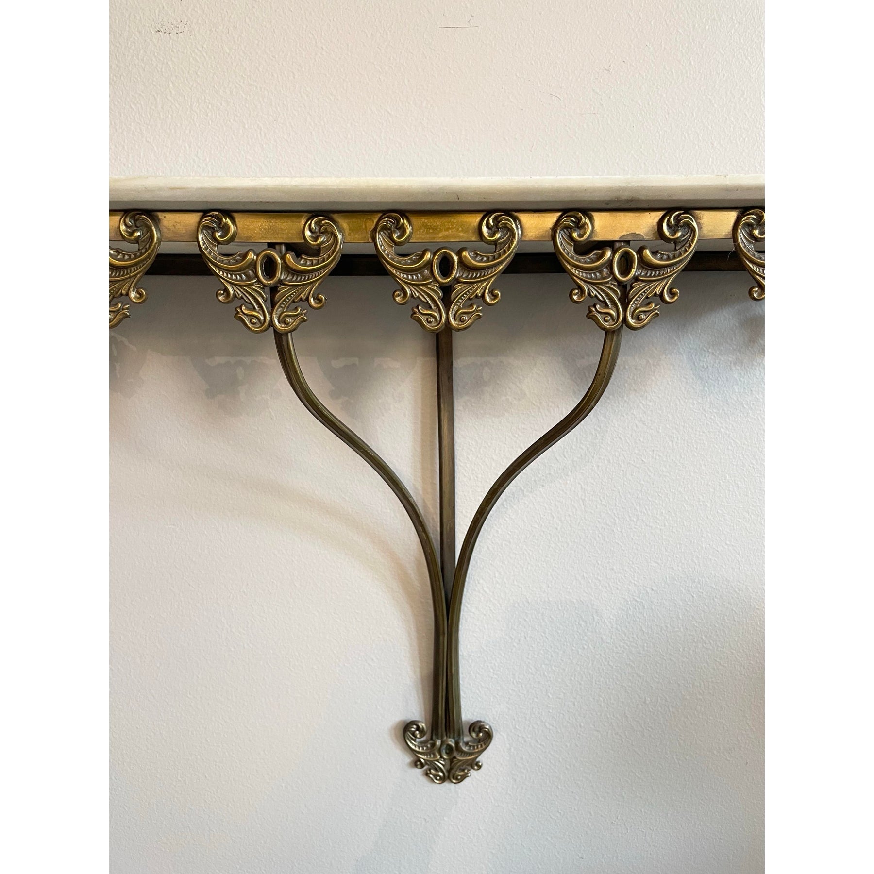 1970s Vintage Italian Brass Filigree Mirror With Matching Marble Floating Table - Set of 2