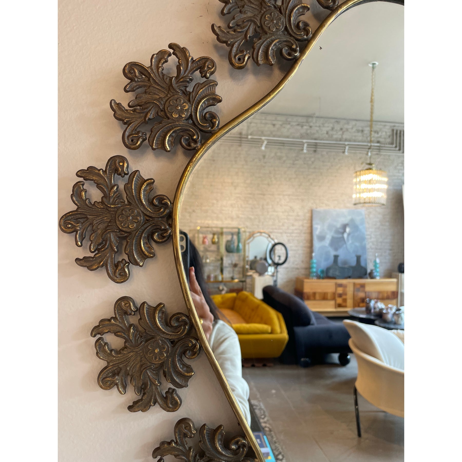 1970s Vintage Italian Brass Filigree Mirror With Matching Marble Floating Table - Set of 2