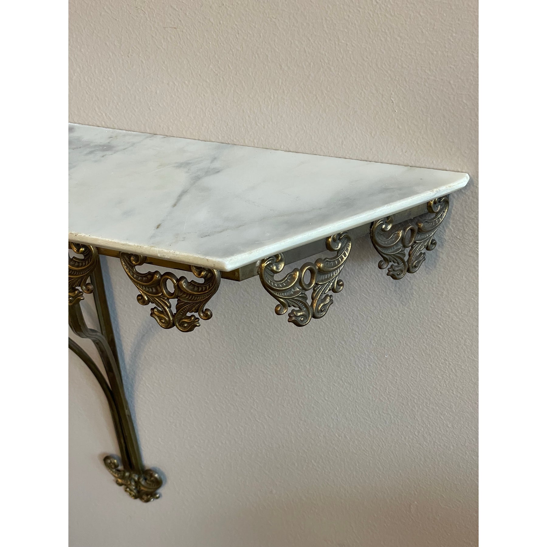 1970s Vintage Italian Brass Filigree Mirror With Matching Marble Floating Table - Set of 2