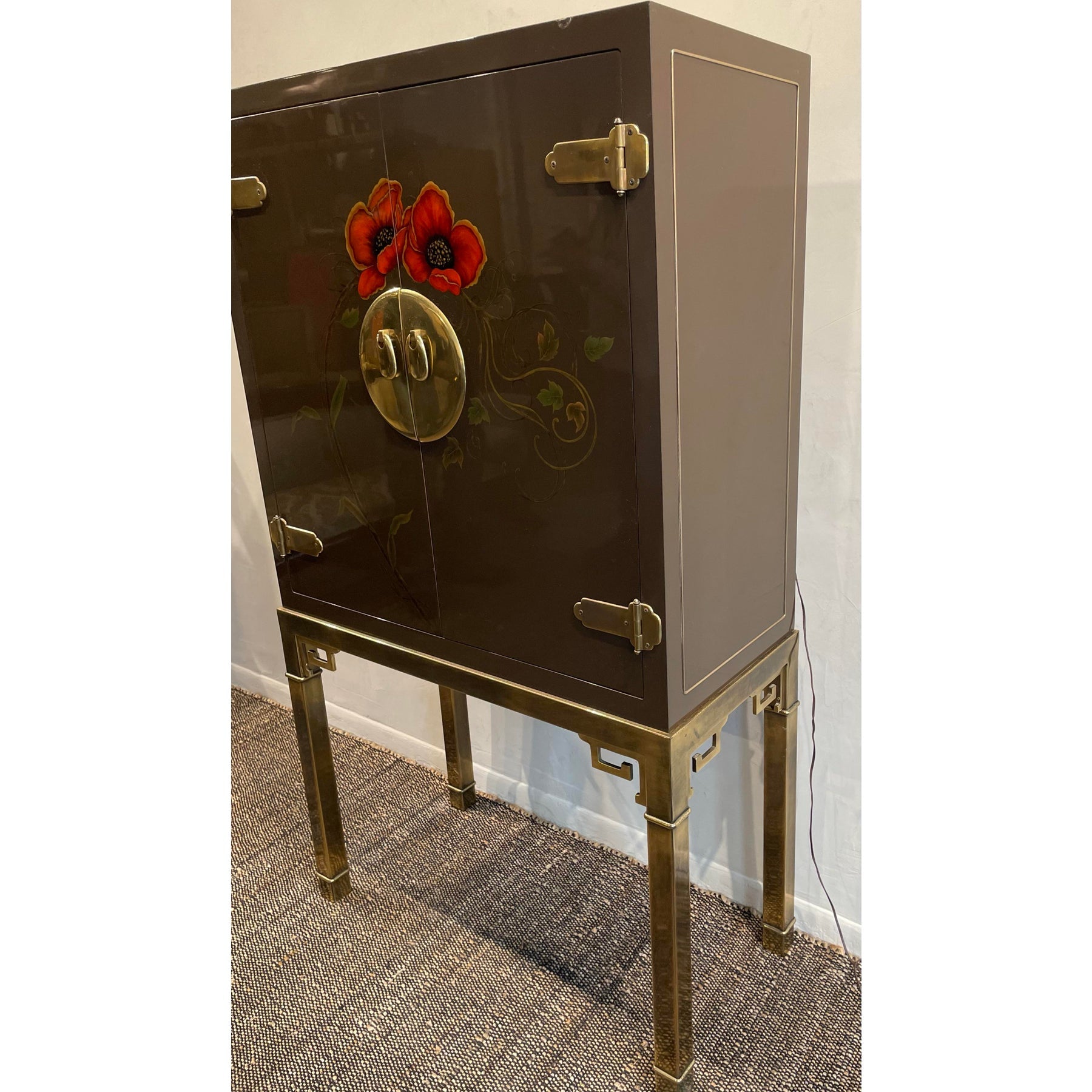1970s Vintage Lacquer and Brass Bar Cabinet in the Manner of Mastercraft