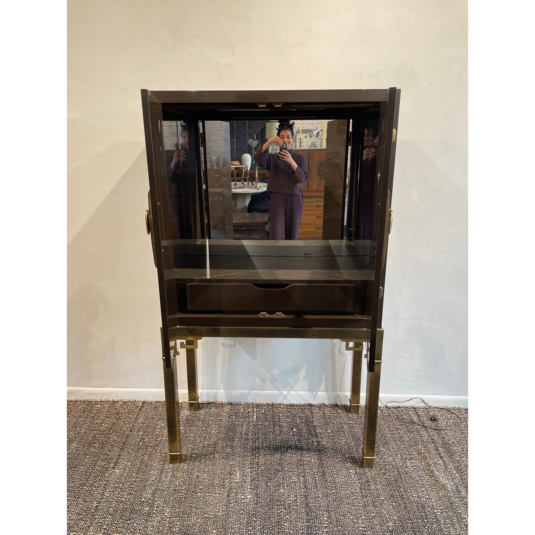1970s Vintage Lacquer and Brass Bar Cabinet in the Manner of Mastercraft
