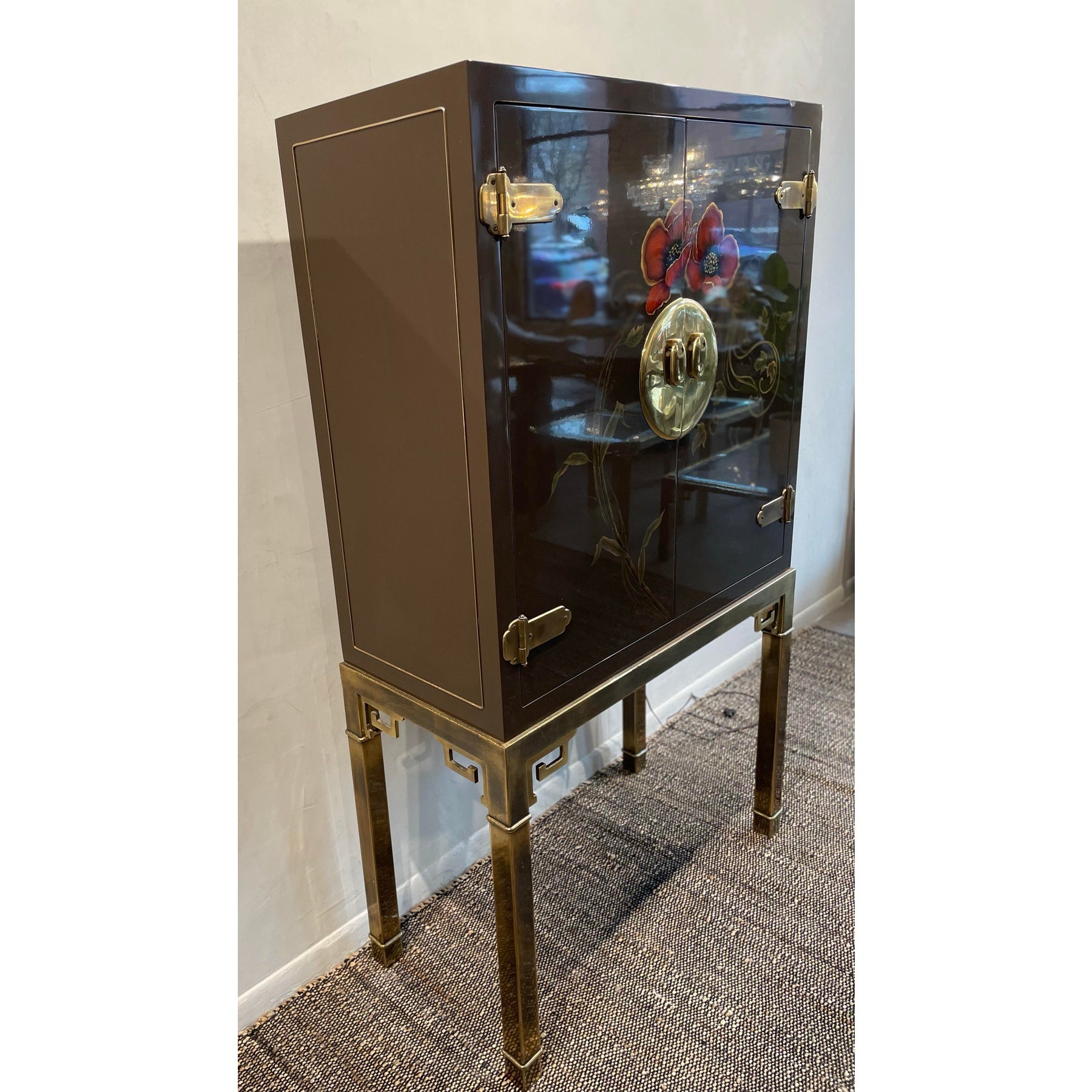 1970s Vintage Lacquer and Brass Bar Cabinet in the Manner of Mastercraft