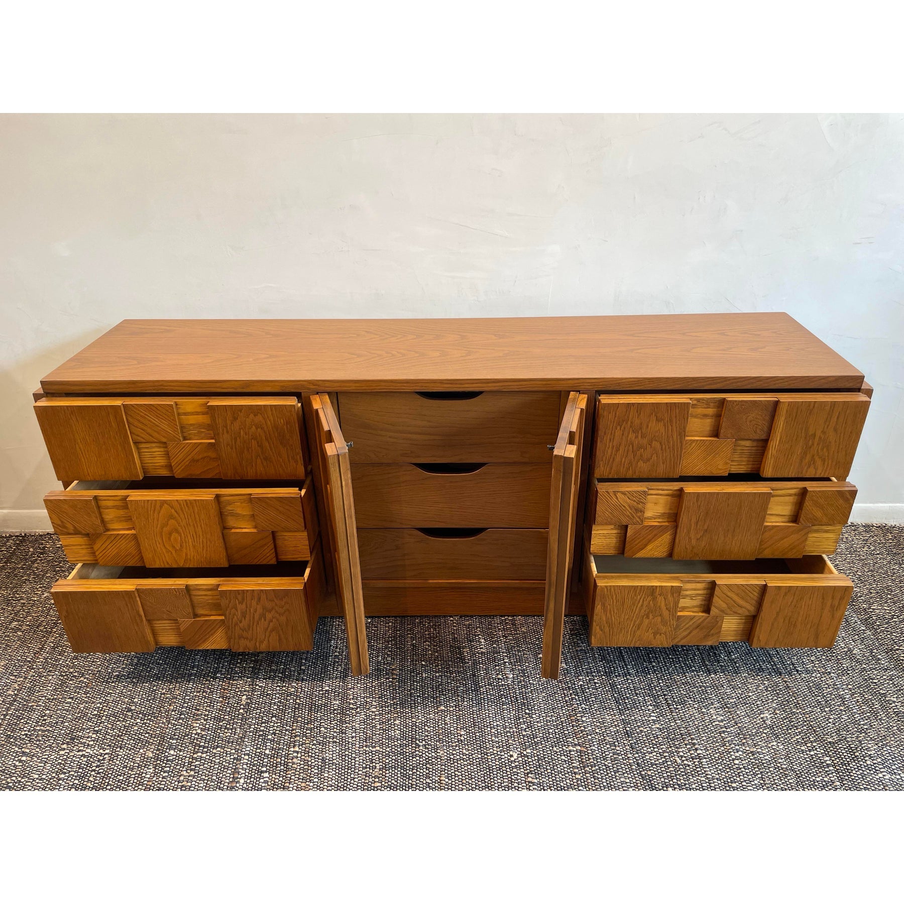 1970s Vintage Lane Brutalist Wood Dresser Credenza