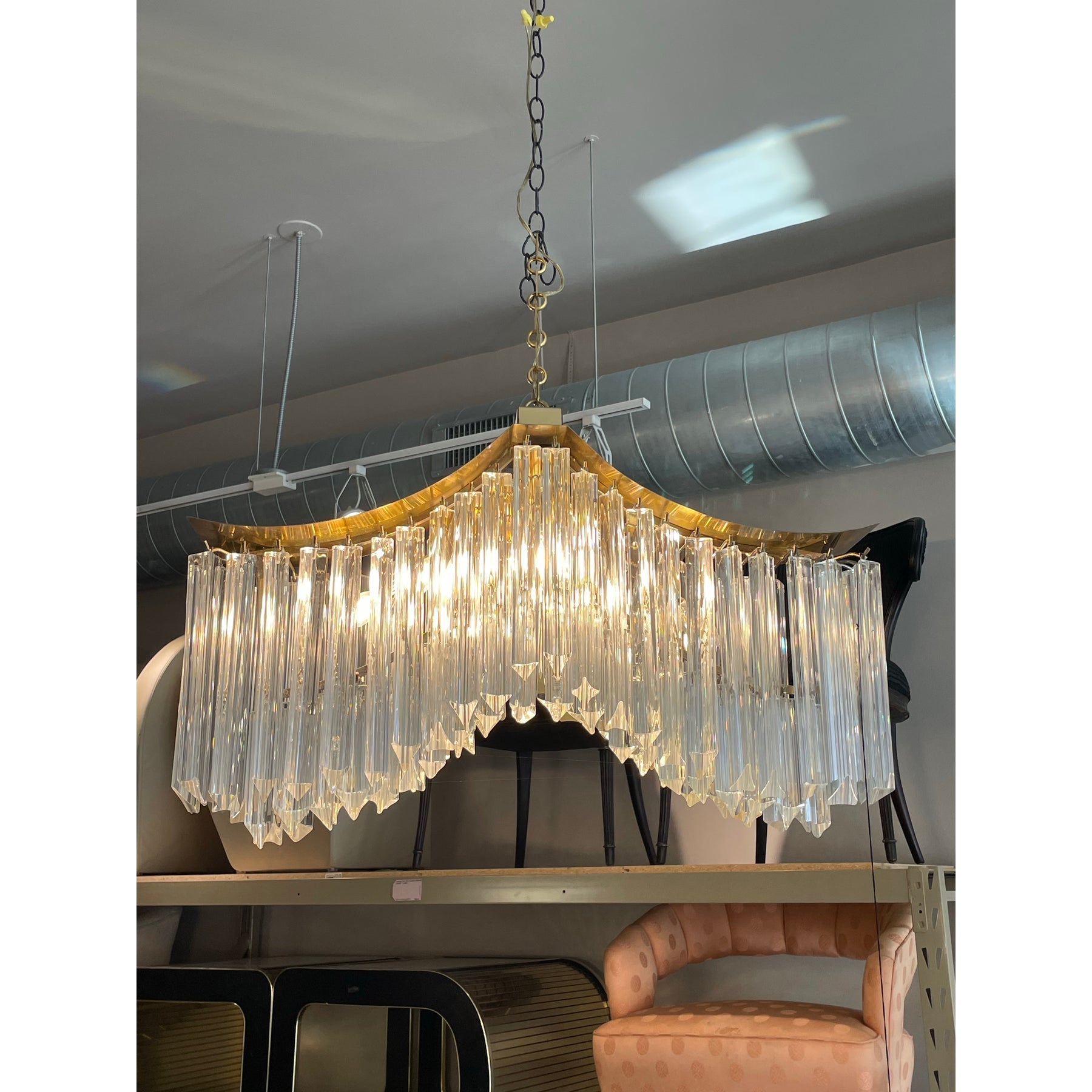 1970s Vintage Pagoda Glass and Brass Chandelier
