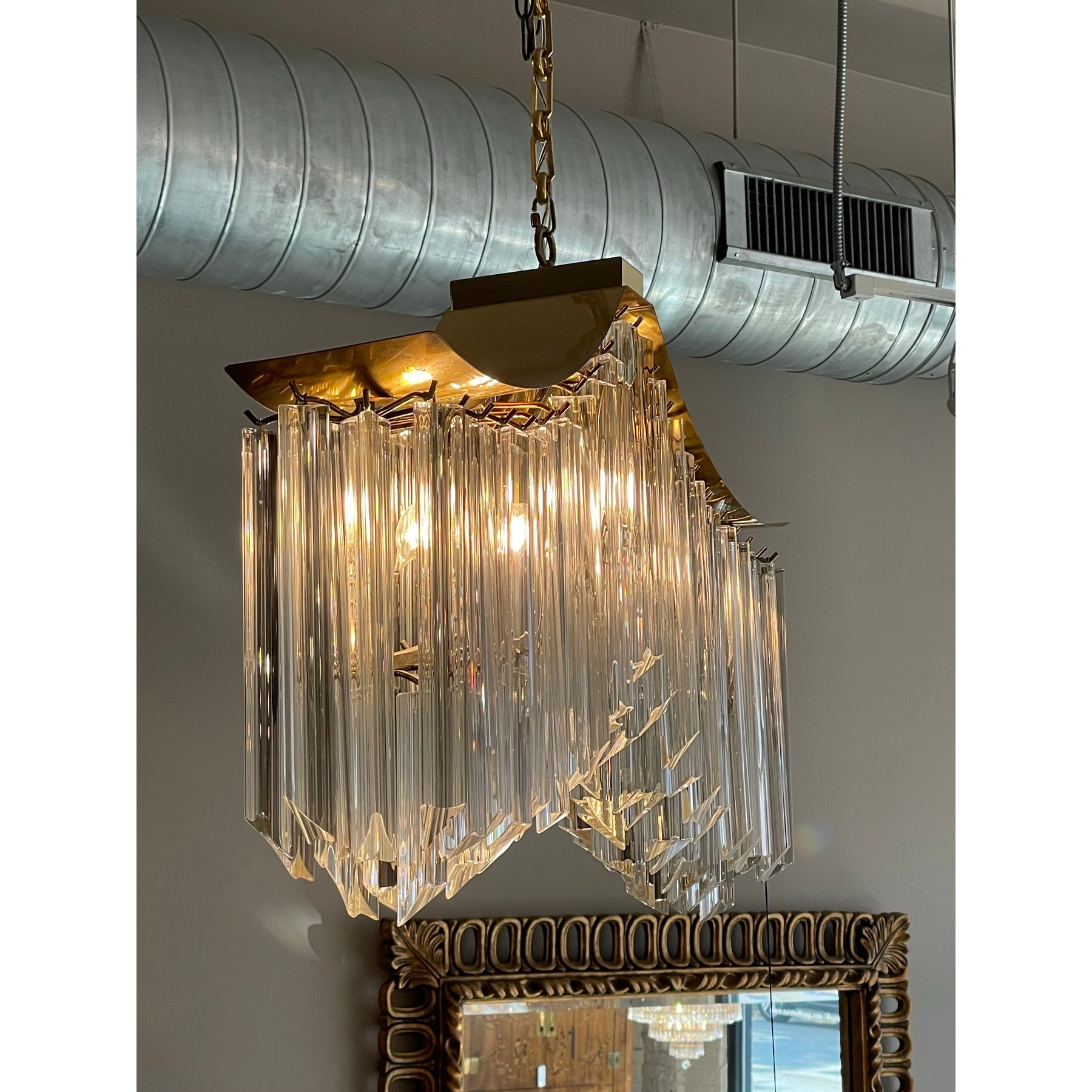 1970s Vintage Pagoda Glass and Brass Chandelier