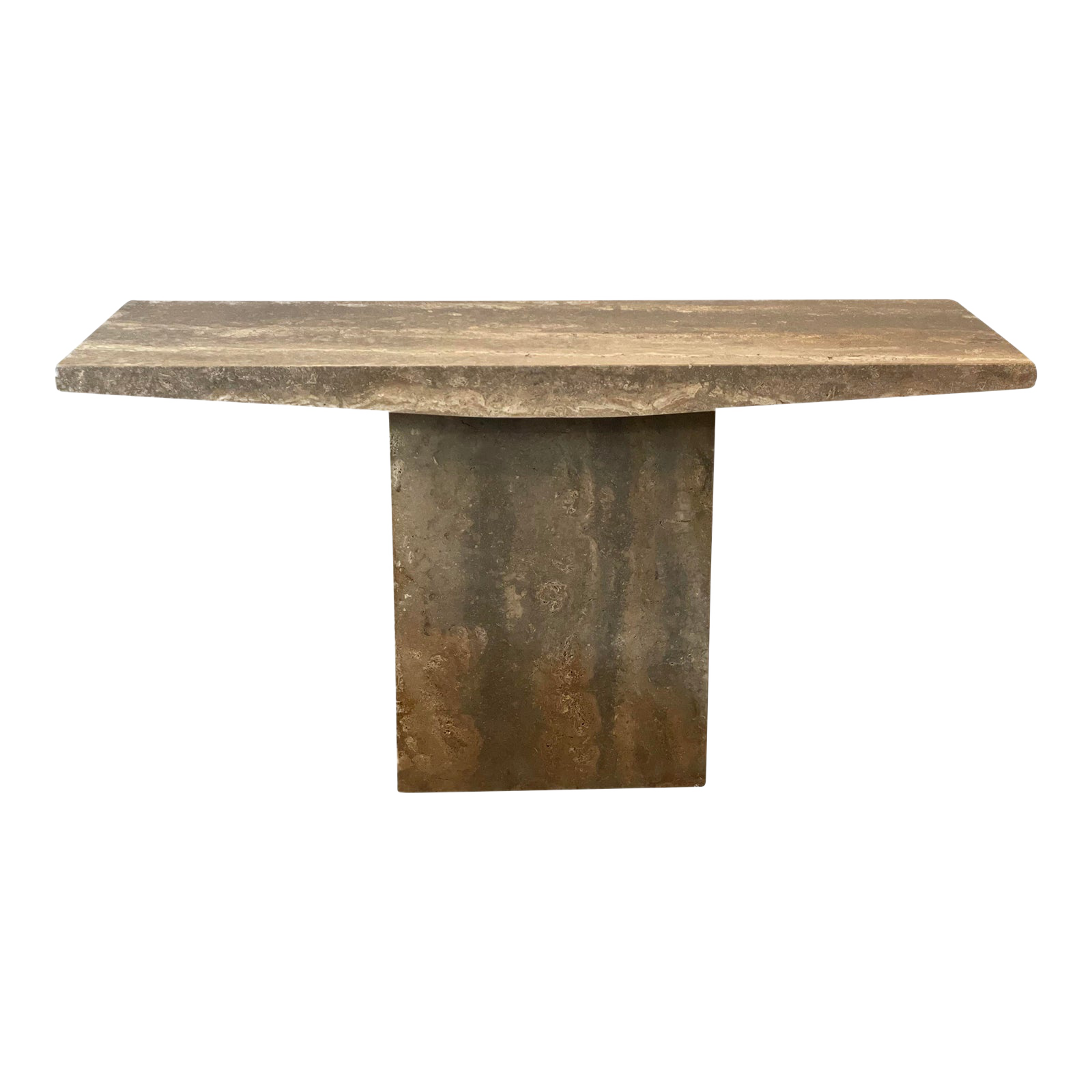 1980s Italian Walnut Travertine Postmodern Console Table With Bowed Edge- Honed
