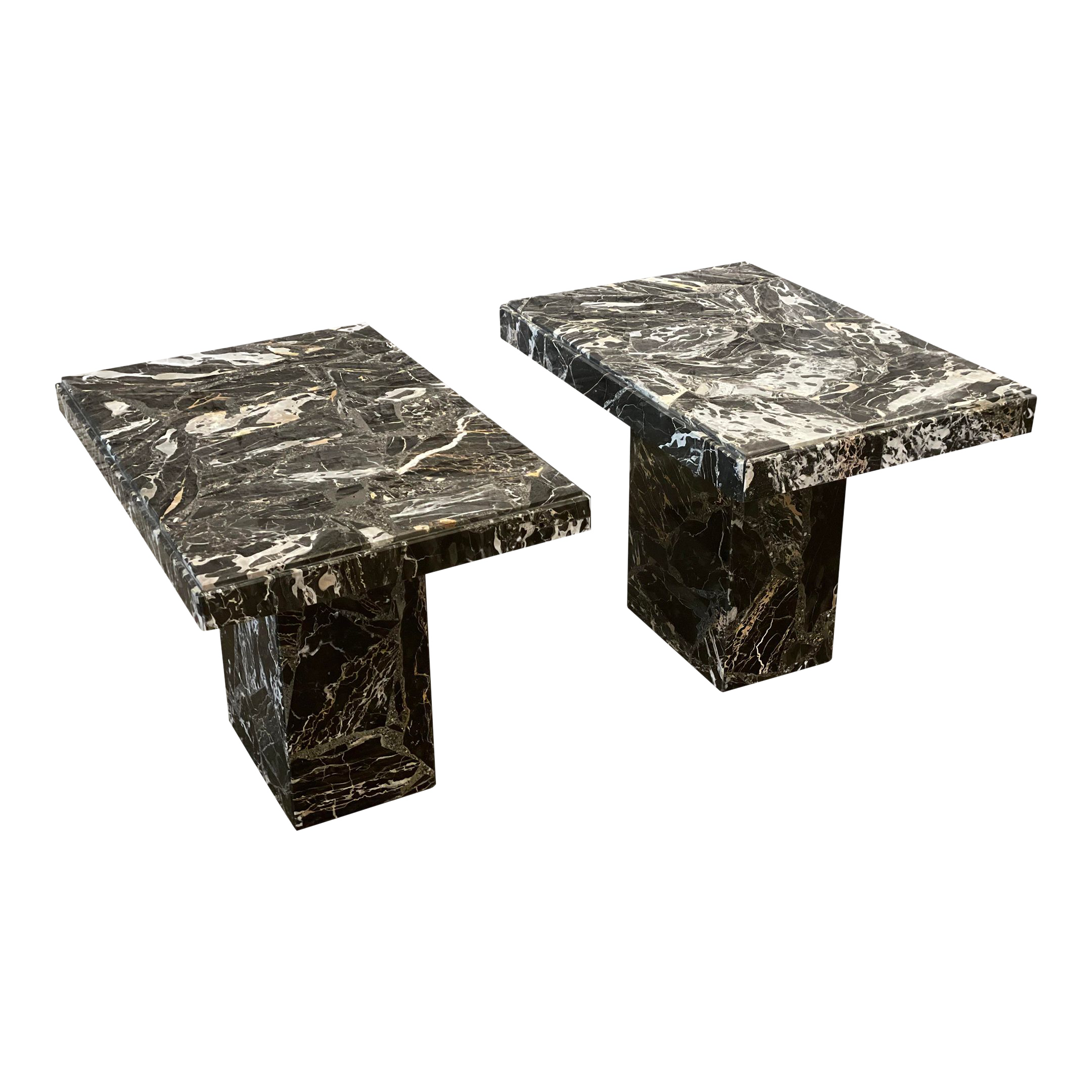 1980s Nero Portoro Marble Vintage Side Tables - a Pair