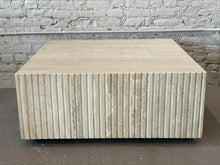 Load image into Gallery viewer, 1980s Postmodern Channeled Travertine Coffee Table on Wheels
