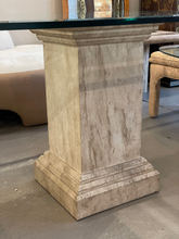 Load image into Gallery viewer, 1980s Postmodern Travertine Pedestal Glass Dining Table
