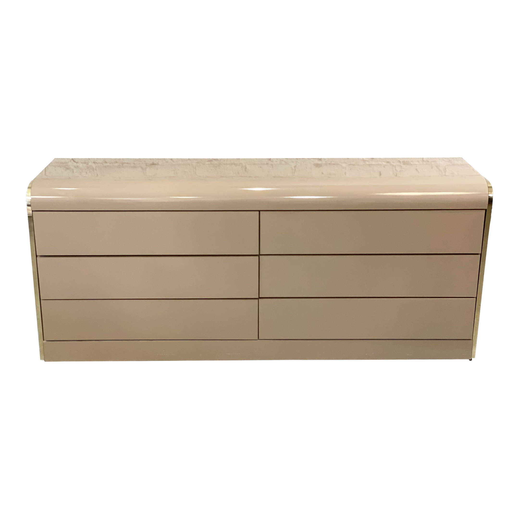 1980s Taupe Lacquer and Brass Postmodern Dresser