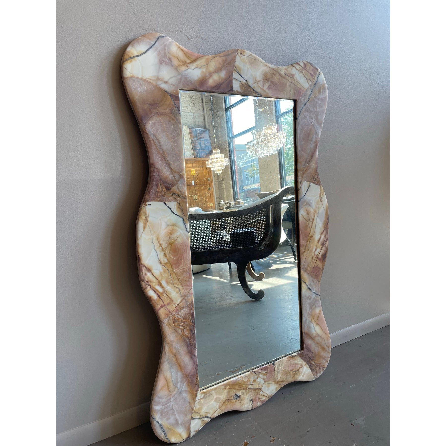 1980s Vintage Honed Onyx Curved Mirror