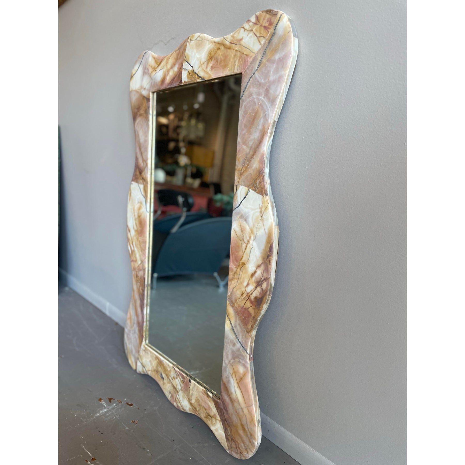 1980s Vintage Honed Onyx Curved Mirror