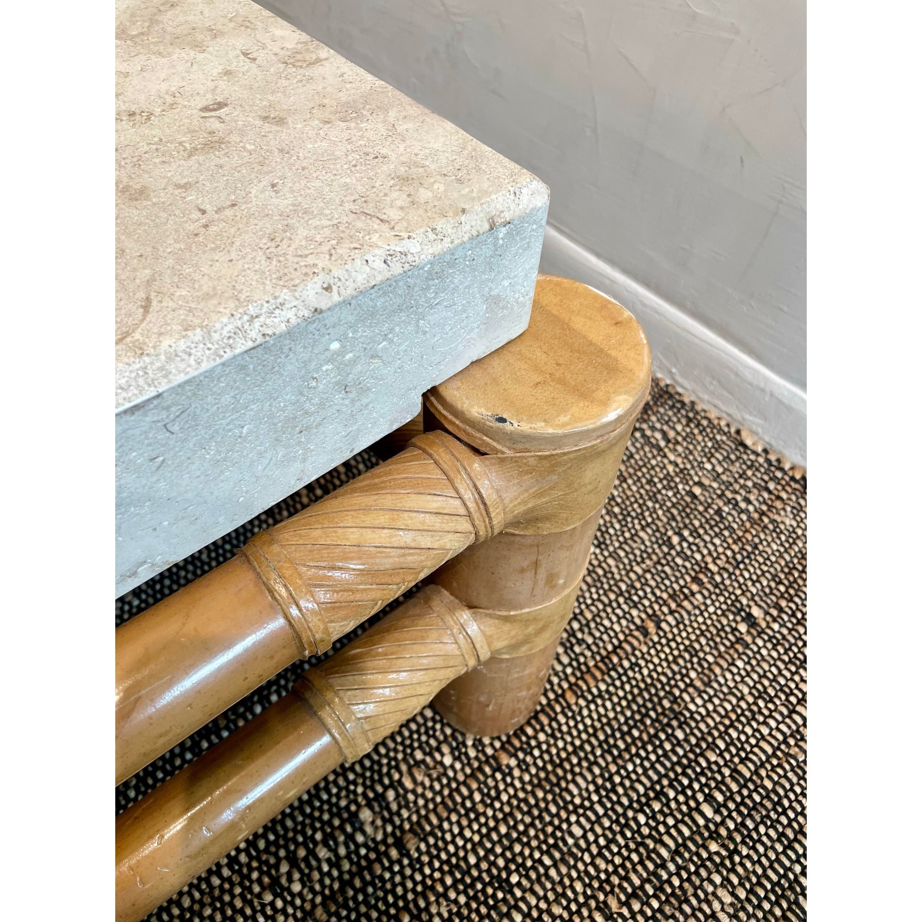 1980s Vintage in the Manner of Henredon Travertine and Bamboo Coffee Table