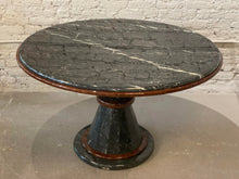 Load image into Gallery viewer, 1980s Vintage Nero Marquina Black and White Marble and Wood Round Pedestal Dining Table
