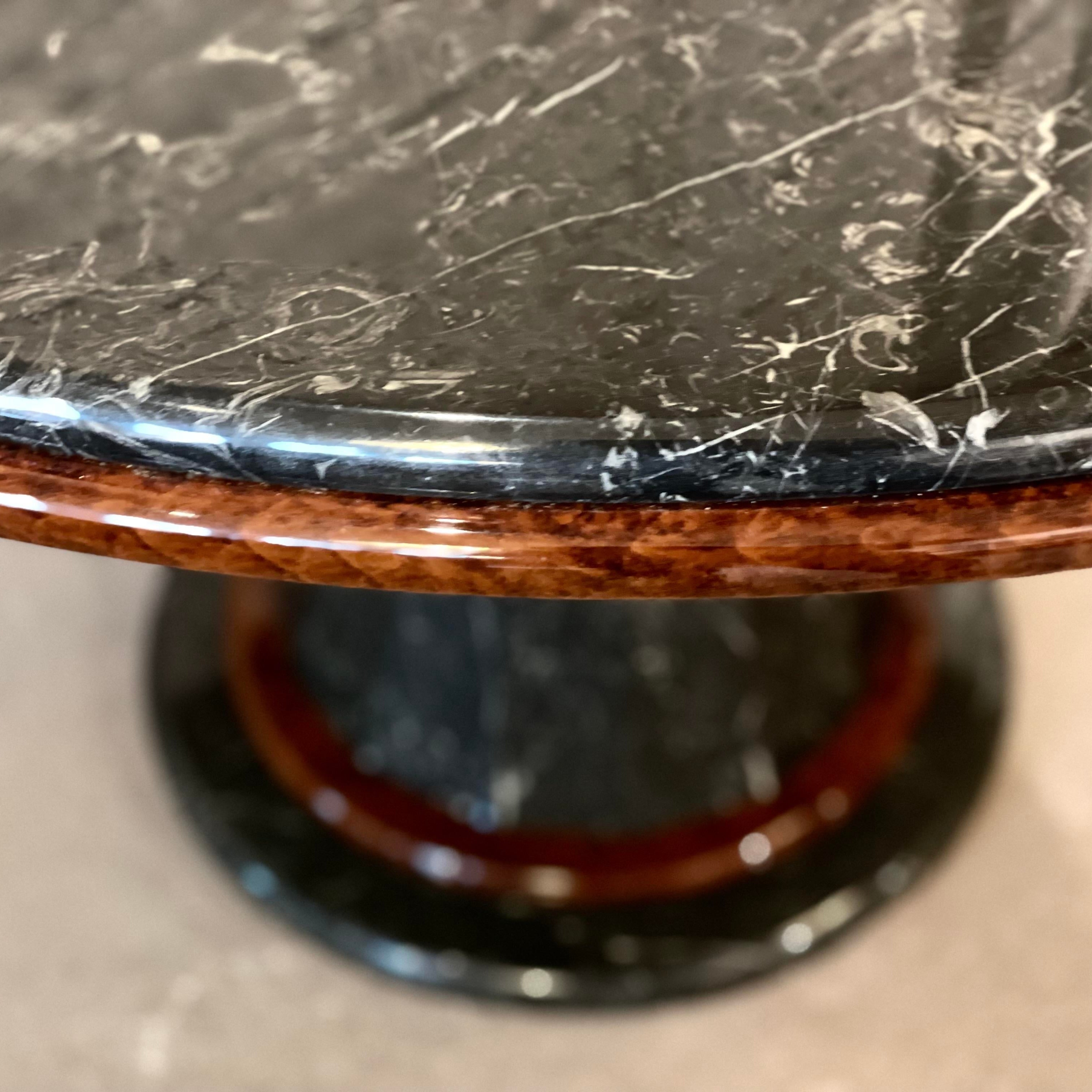 1980s Vintage Nero Marquina Black and White Marble and Wood Round Pedestal Dining Table