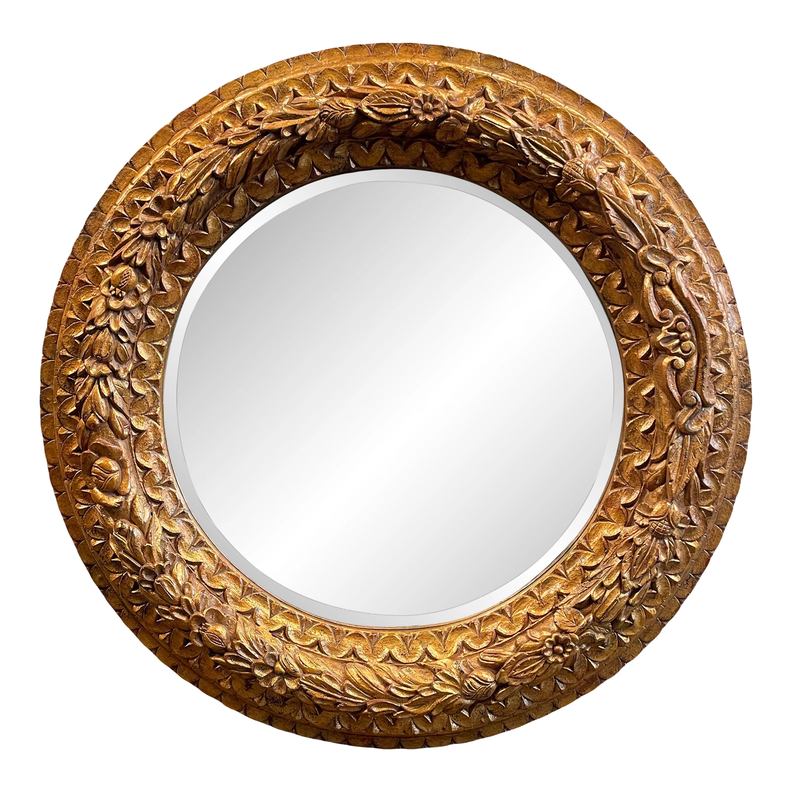 1960s Vintage Hand-Carved Giltwood Round Mirror With Floral Relief