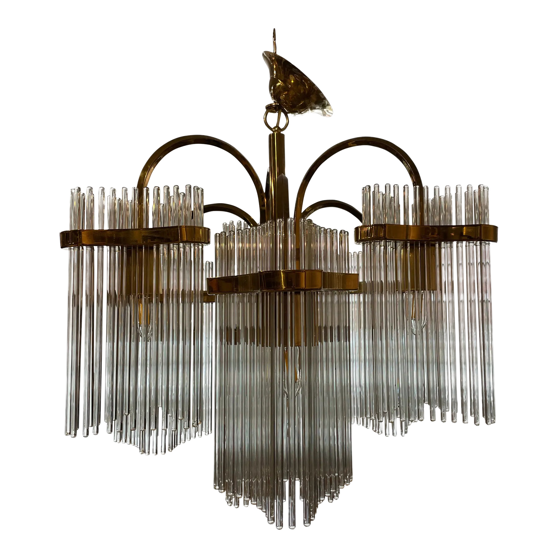 1970s Vintage Arched Italian Gaetano Sciolari Chandelier With Glass Rods and Brass