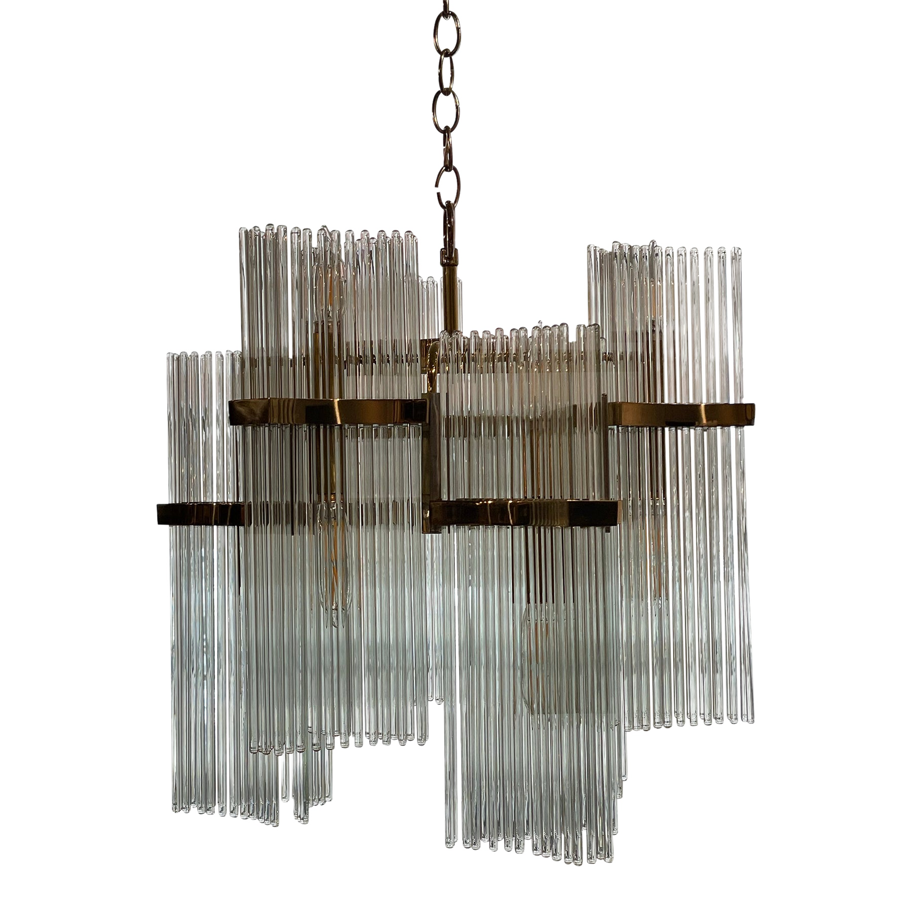 1970s Italian Vintage Gaetano Sciolari Glass Rod and Brass Chandelier