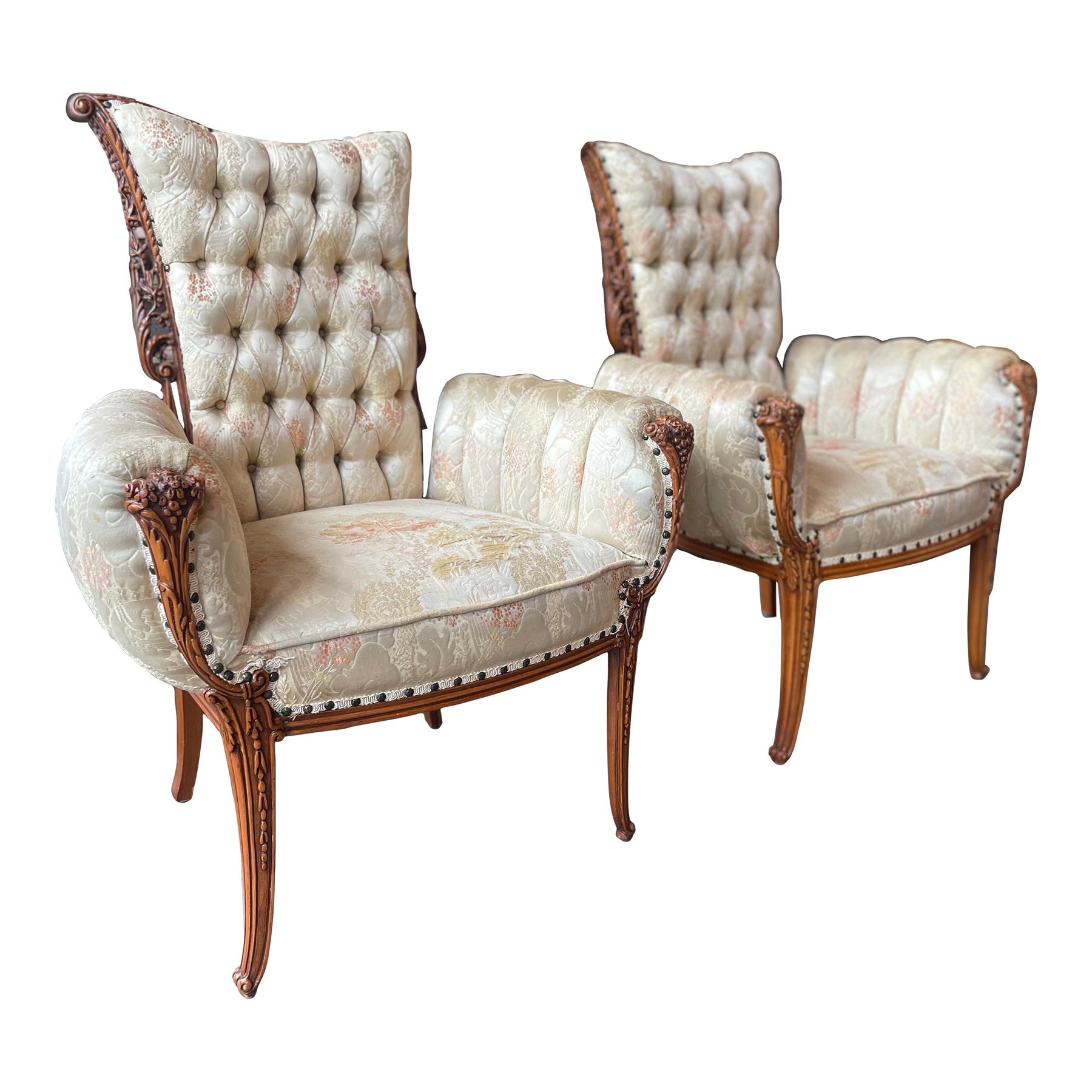 Antique 1930’s Filigree Wood Engraved Carved Chairs - A Pair