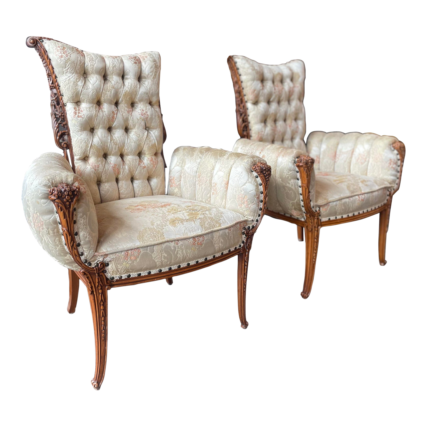 Antique 1930’s Filigree Wood Engraved Carved Chairs - A Pair