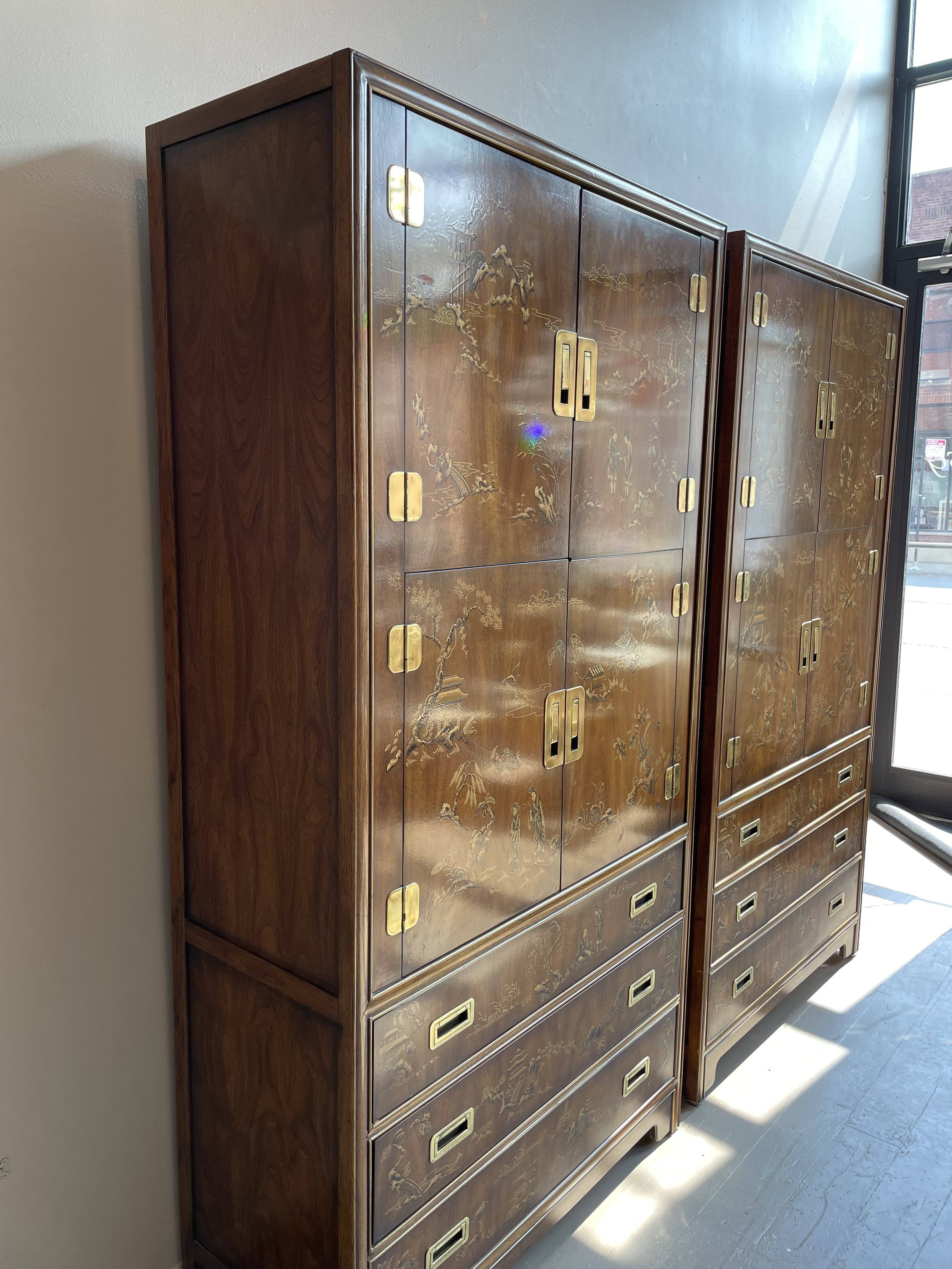 Chinoiserie Asian Drexel Heritage Armoires Cabinets - a Pair