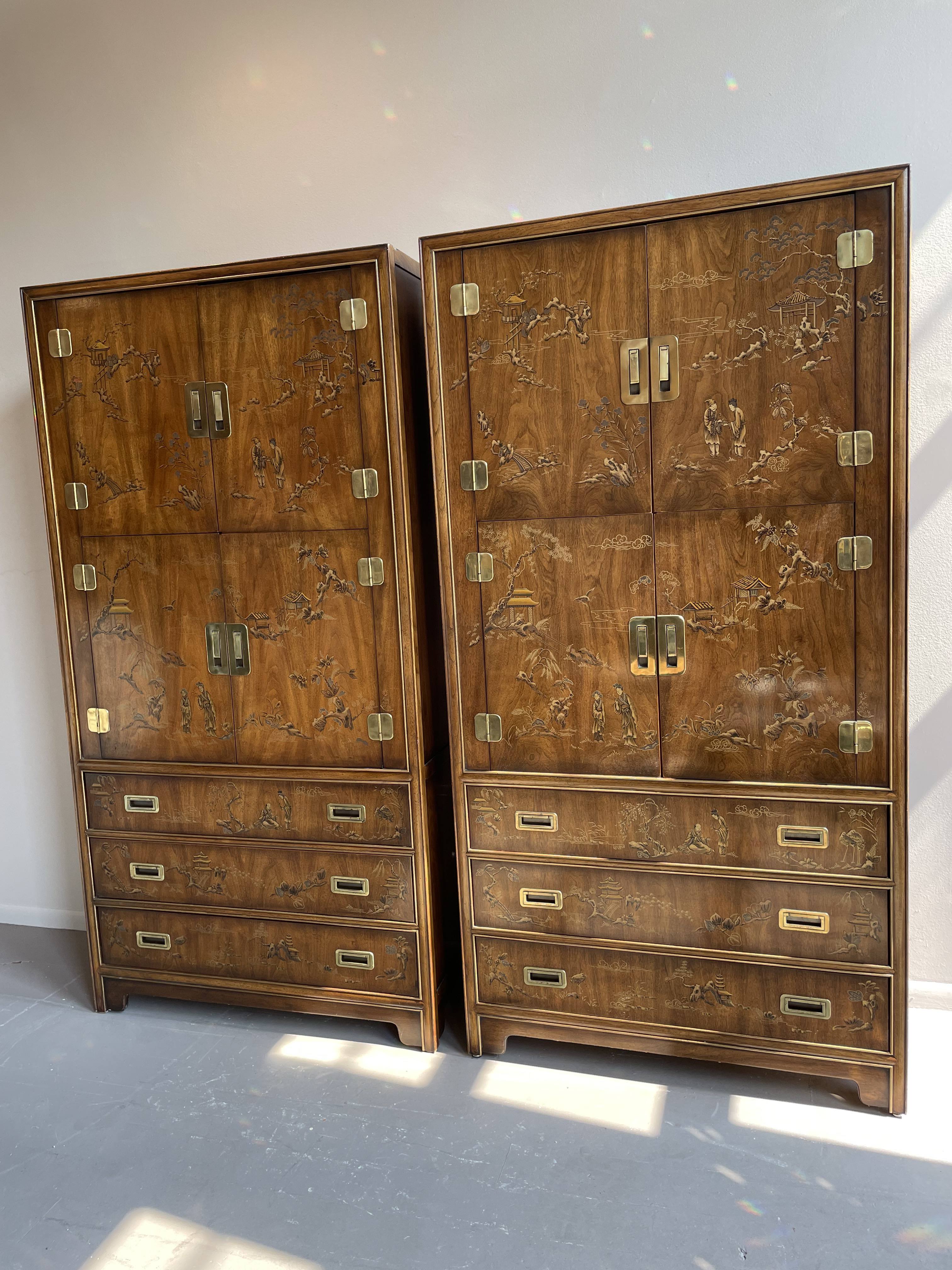 Chinoiserie Asian Drexel Heritage Armoires Cabinets - a Pair