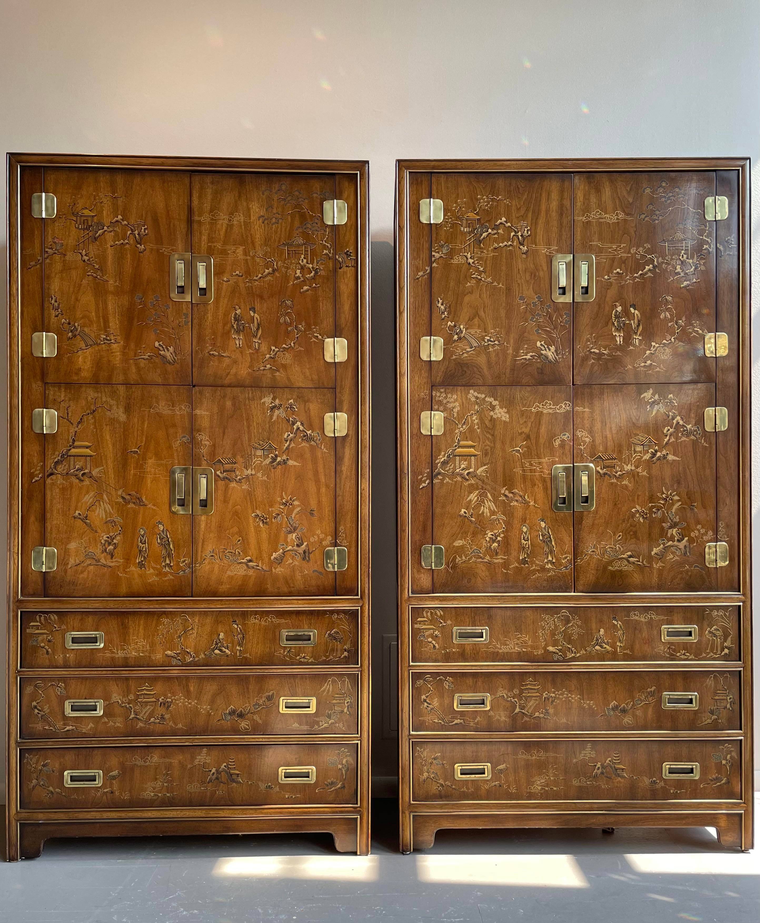 Chinoiserie Asian Drexel Heritage Armoires Cabinets - a Pair