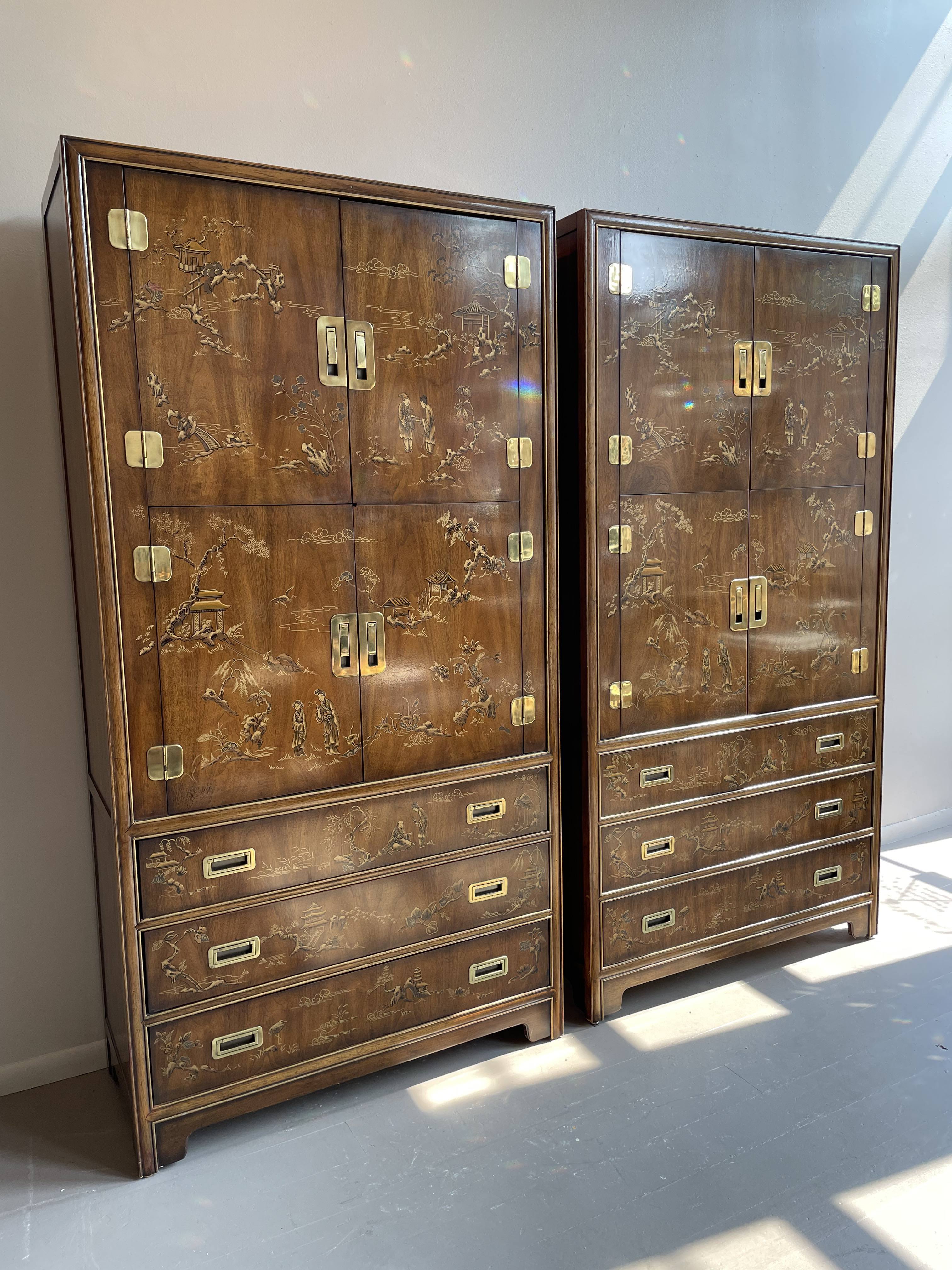 Chinoiserie Asian Drexel Heritage Armoires Cabinets - a Pair