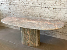 Load image into Gallery viewer, Italian Postmodern Gray and Pastel Colored Channel Base Oval Marble Dining Table - 1970s

