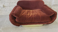 Load and play video in Gallery viewer, 1970s Red Loveseat with Curved Arms &amp; Brass Plinth Base
