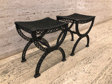 Load image into Gallery viewer, Vintage Antique Cast Iron Filigree X Benches Stools - a Pair
