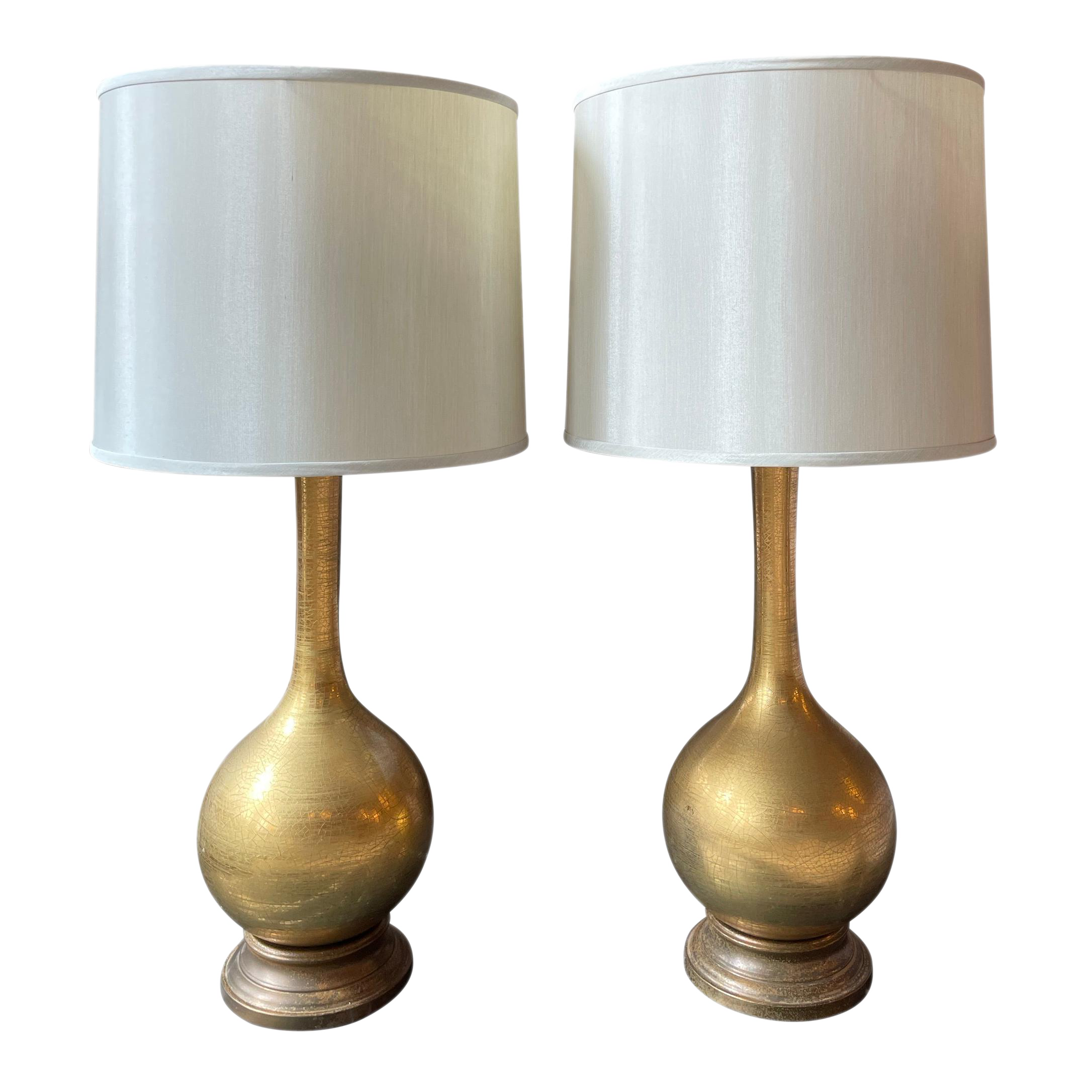 Vintage Hollywood Regency Gold Crackle Lamps - a Pair