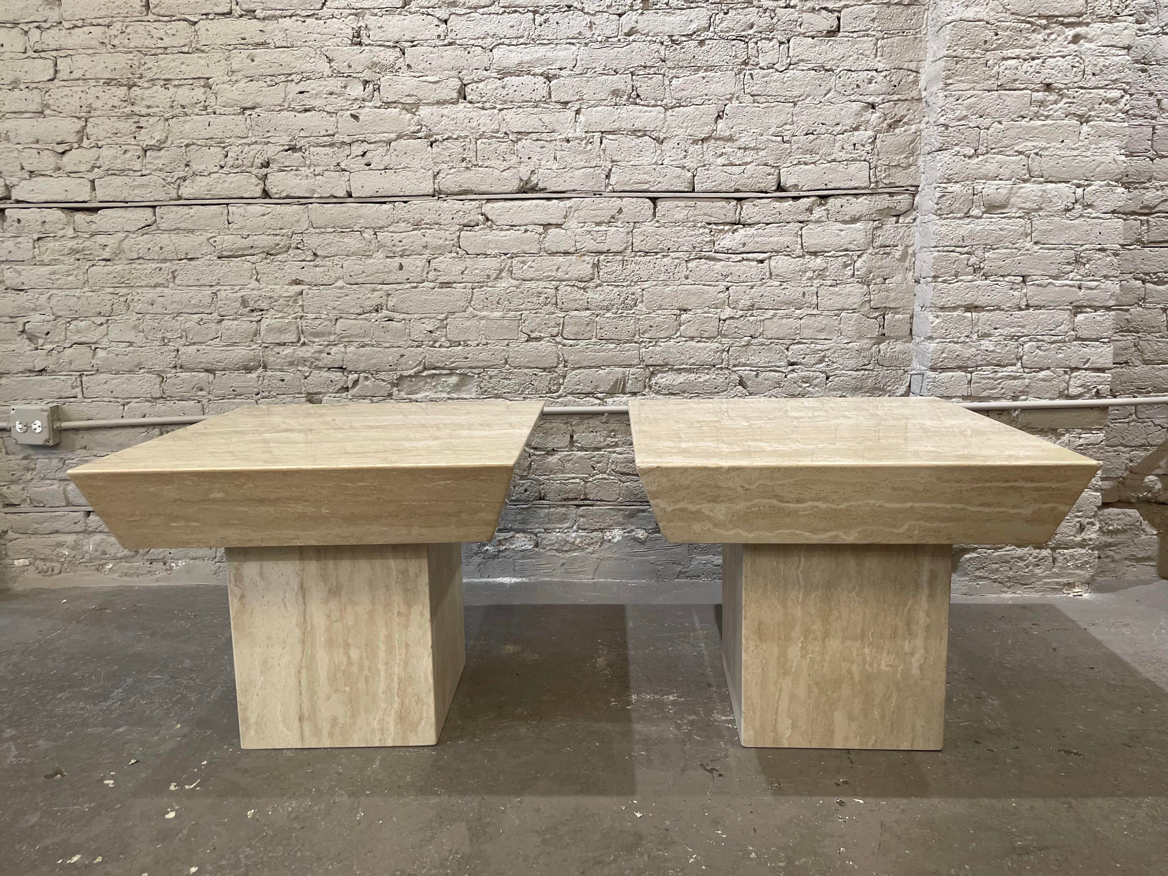 Vintage Travertine Side Tables With Angled Edge 1980s - a Pair