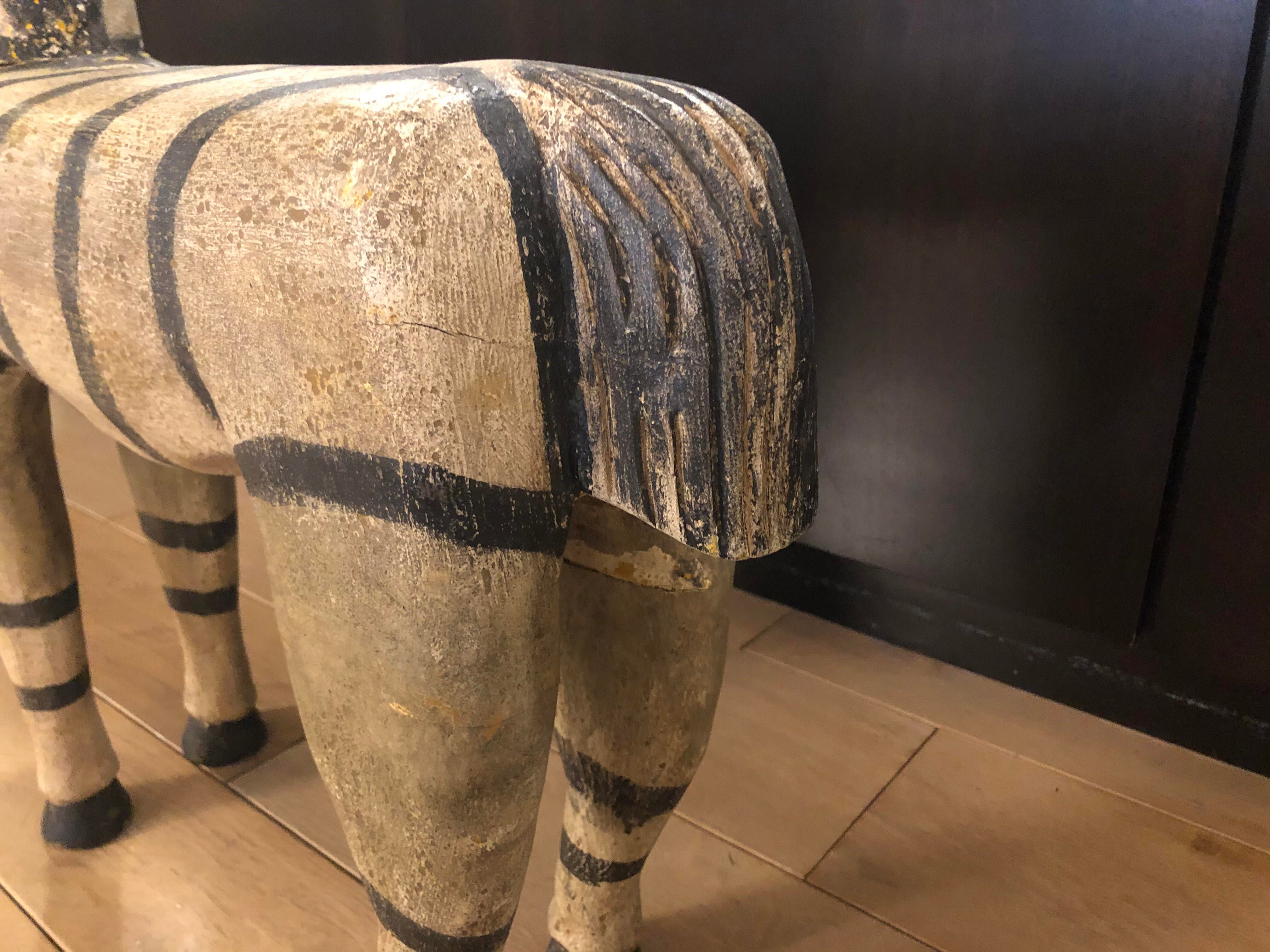 Vintage Wood Zebra Horse Sculpture
