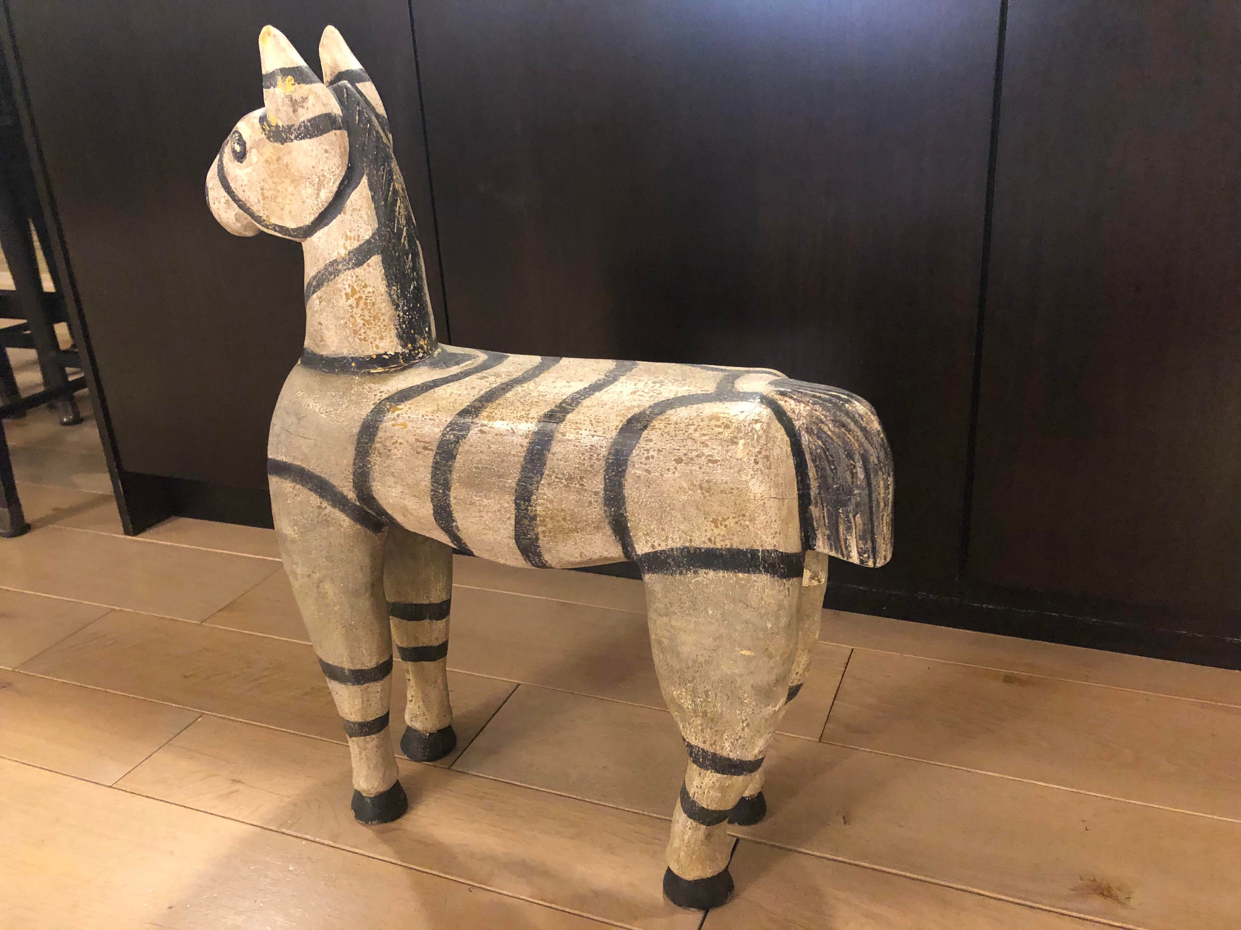 Vintage Wood Zebra Horse Sculpture
