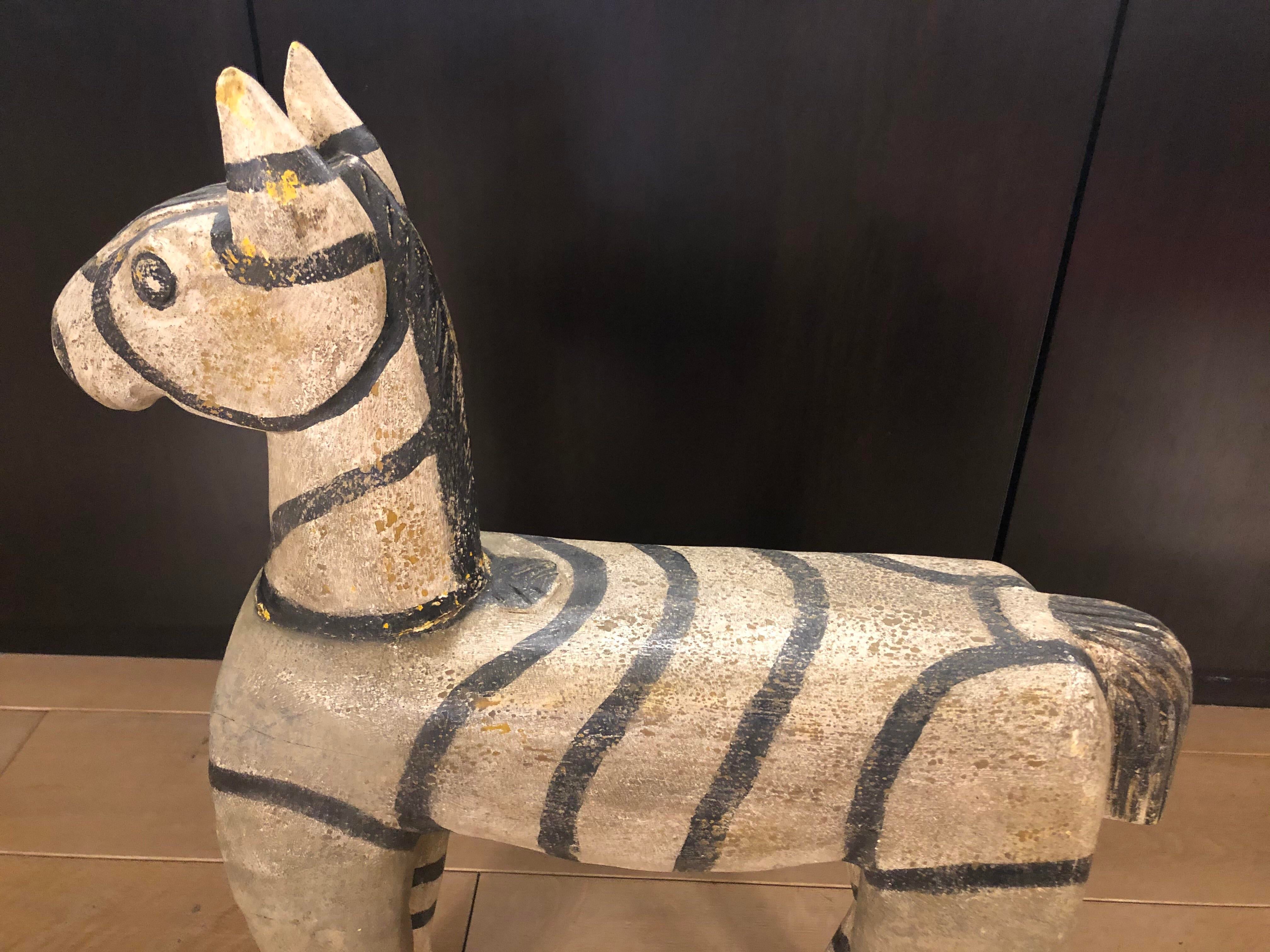 Vintage Wood Zebra Horse Sculpture