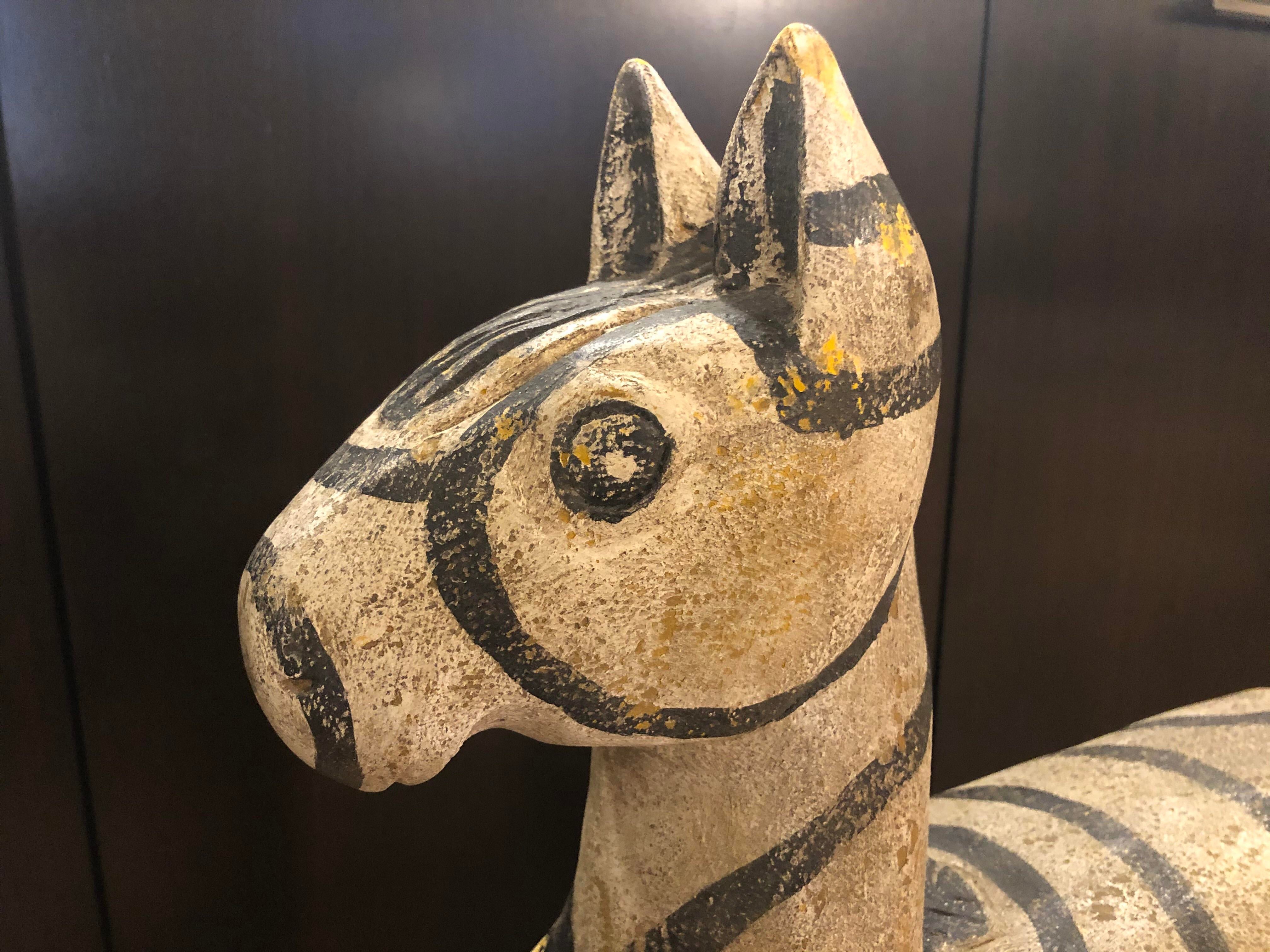 Vintage Wood Zebra Horse Sculpture