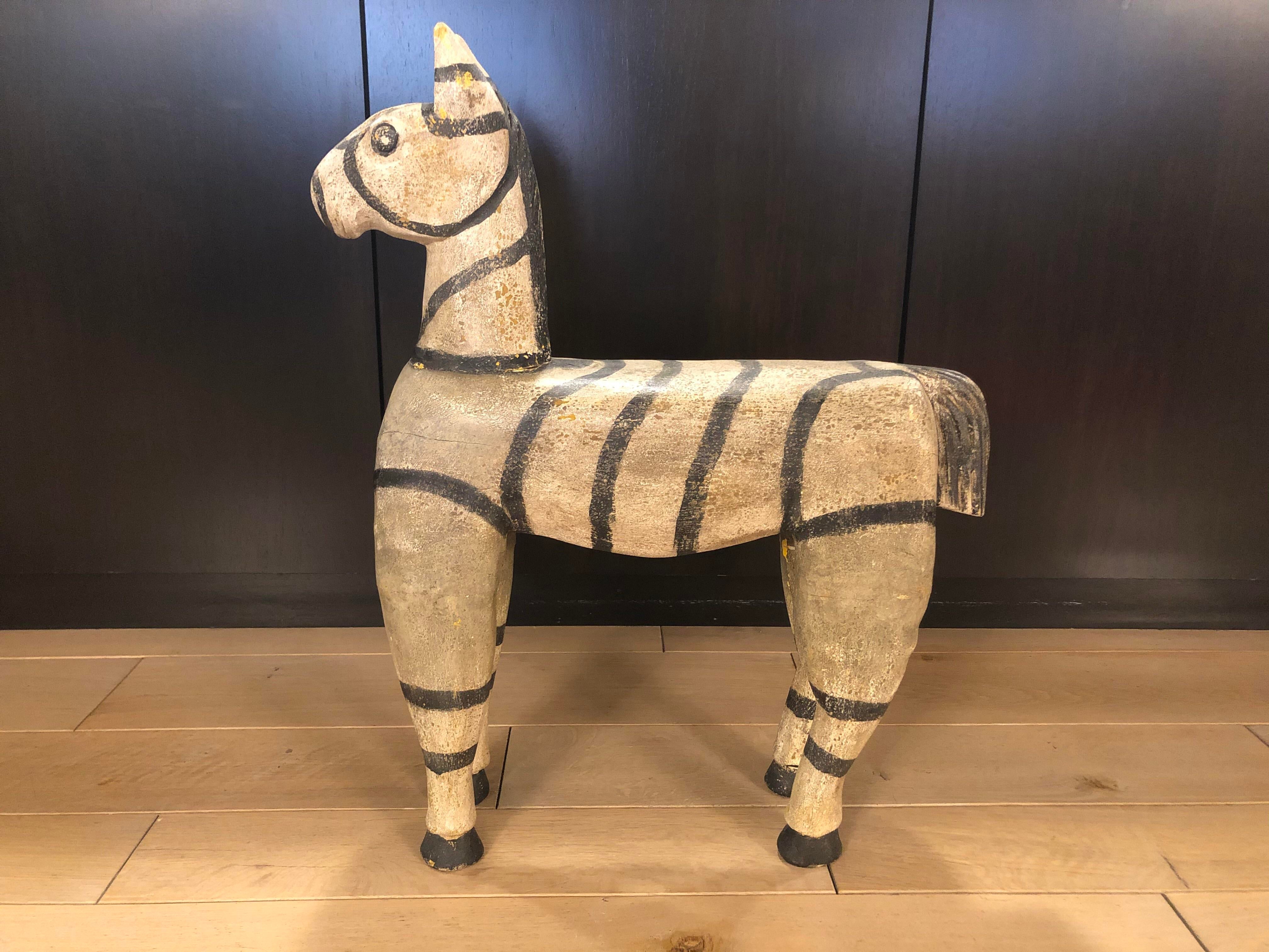 Vintage Wood Zebra Horse Sculpture