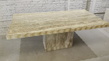 Load and play video in Gallery viewer, 1980s Postmodern Walnut Travertine Dining Table With Scalloped Edge
