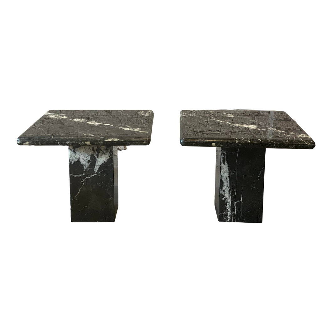 1980s Nero Marquina Black Marble Postmodern Side Tables - a Pair