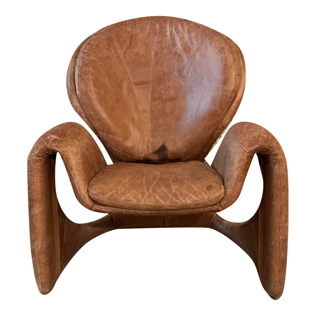 1980s Sculptural Postmodern Distressed Leather Chair
