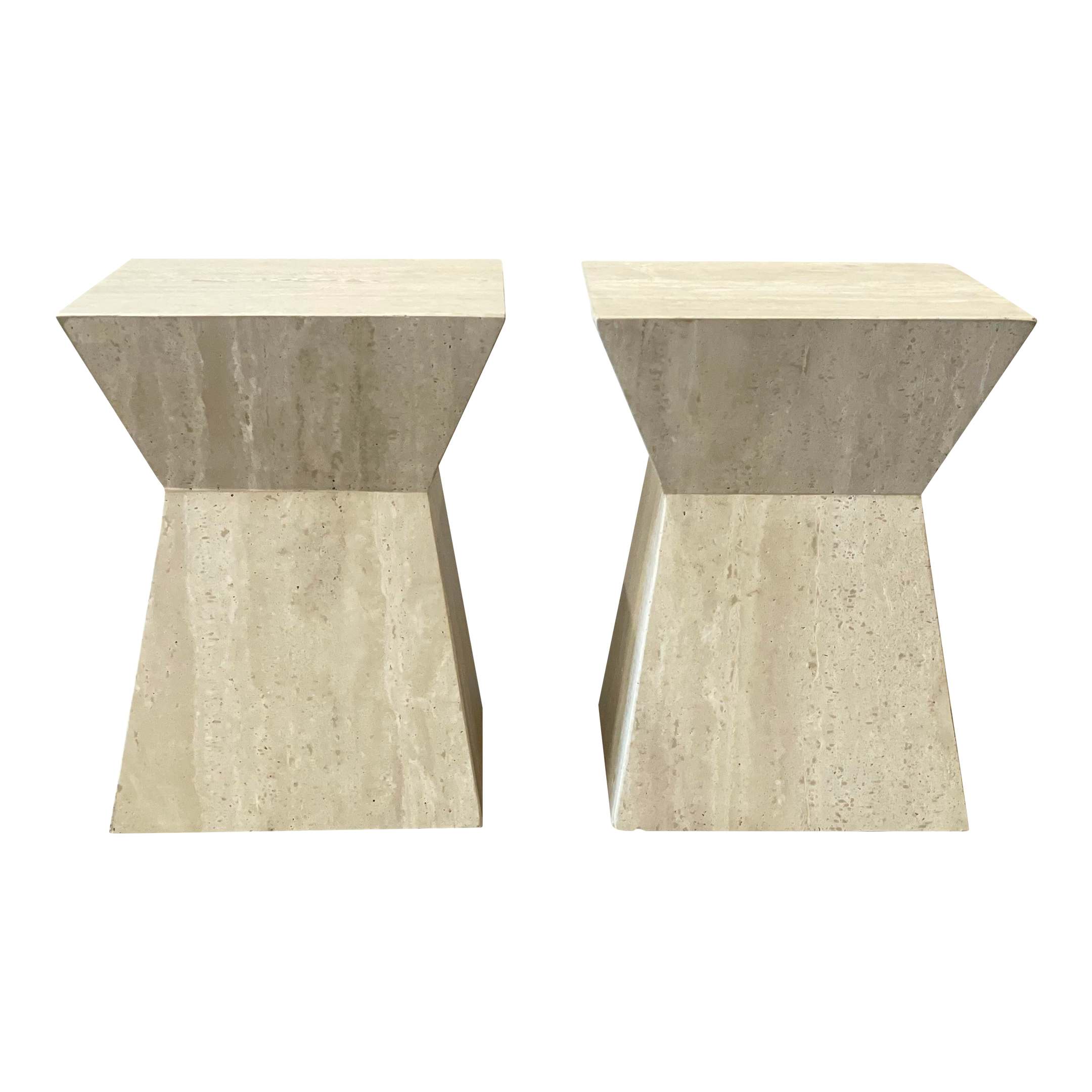 1980s Travertine Angled Postmodern Vintage Side Tables - a Pair